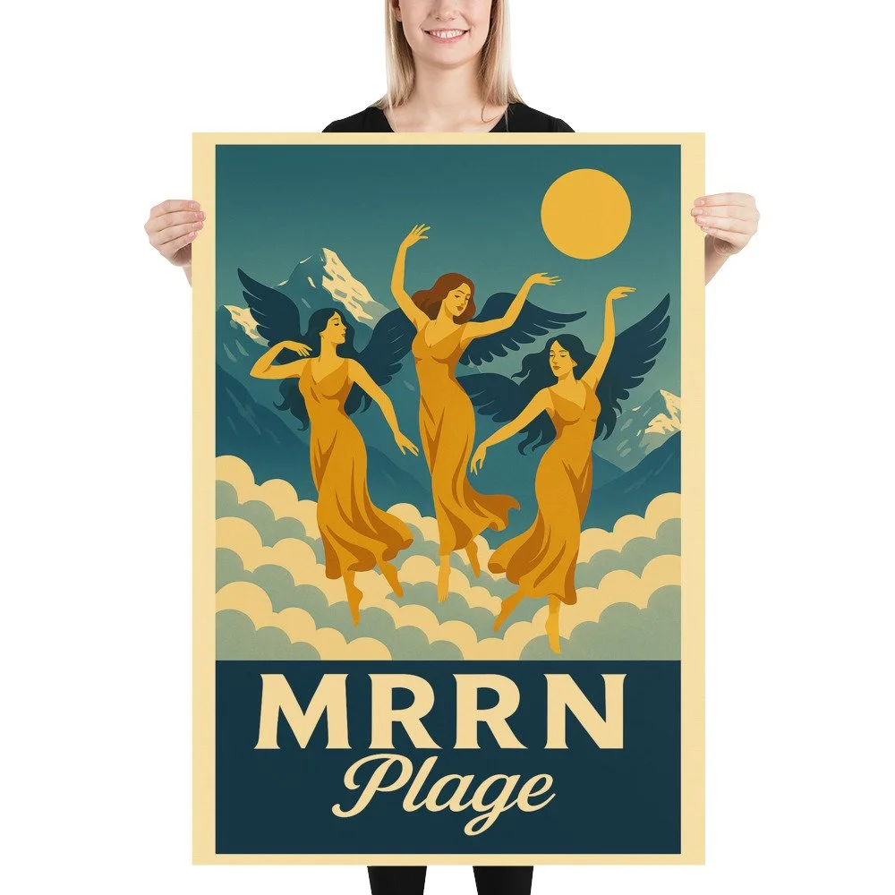 Eine blonde Frau hält das MRRN-Plage-Plakat Feen von Daniel Frei im Format 70 × 100 cm gerade vor sich.