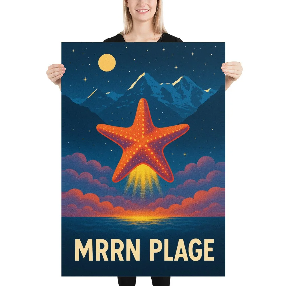 Eine blonde Frau hält das MRRN-Plage-Plakat Seestern von Daniel Frei im Format 70 × 100 cm gerade vor sich.
