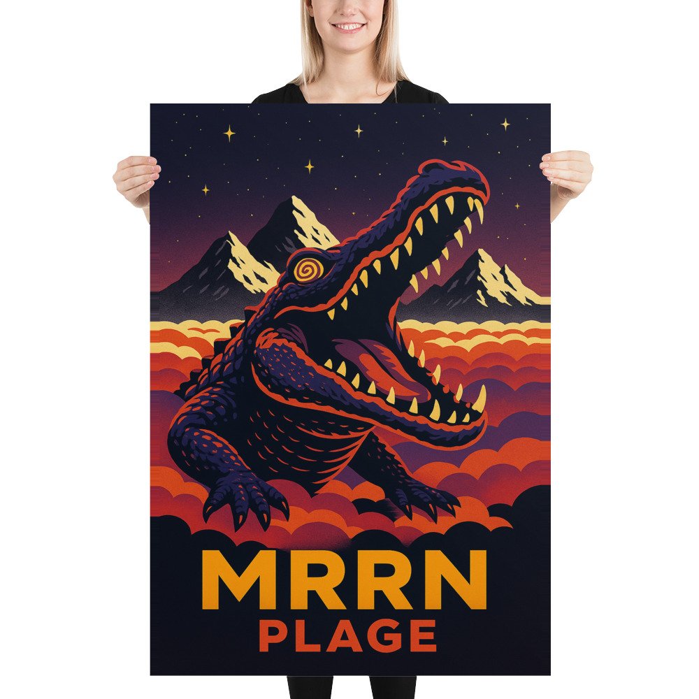 Eine blonde Frau hält das MRRN-Plage-Plakat Krokodil von Daniel Frei im Format 70 × 100 cm gerade vor sich.