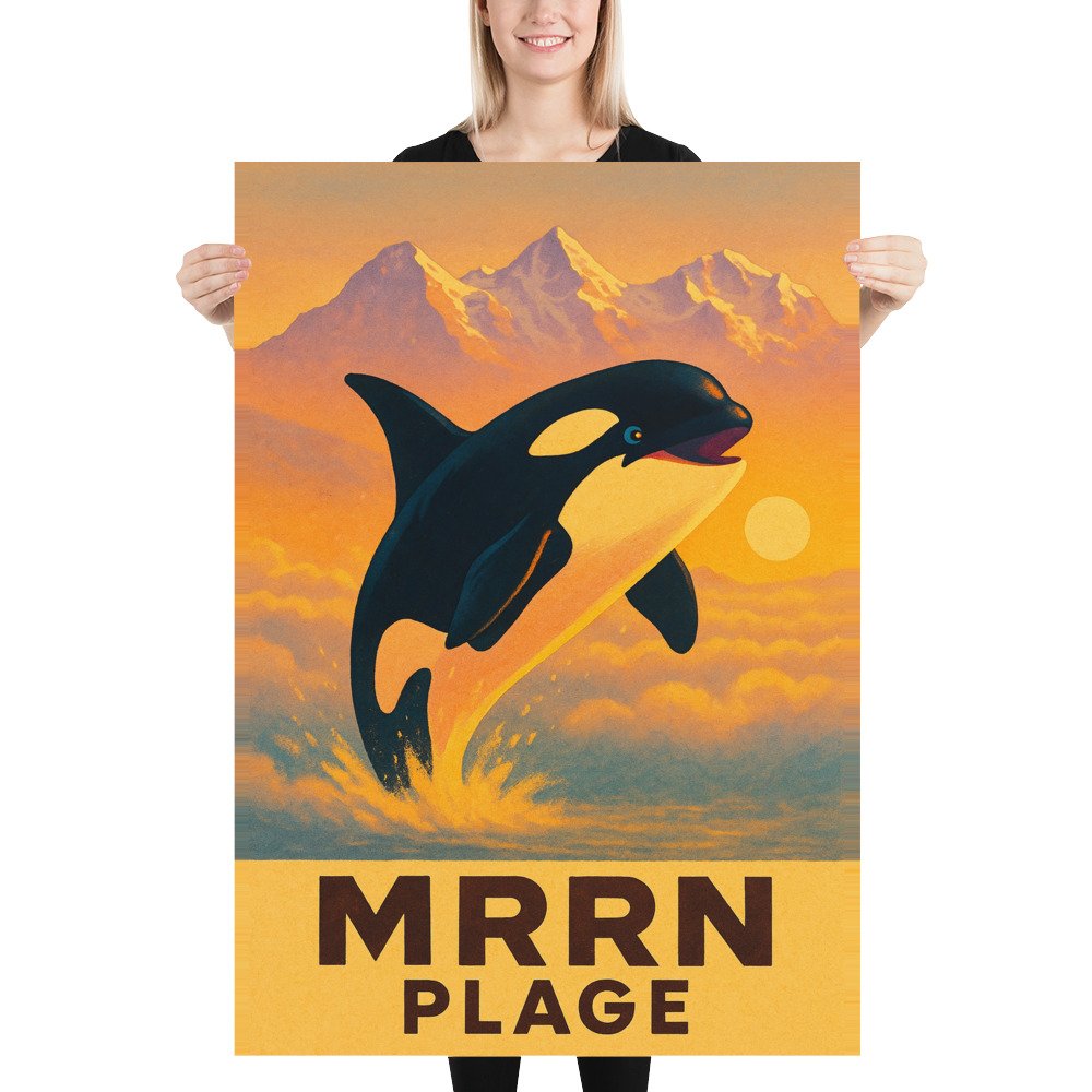 Eine blonde Frau hält das MRRN-Plage-Plakat Orca von Daniel Frei im Format 70 × 100 cm gerade vor sich.