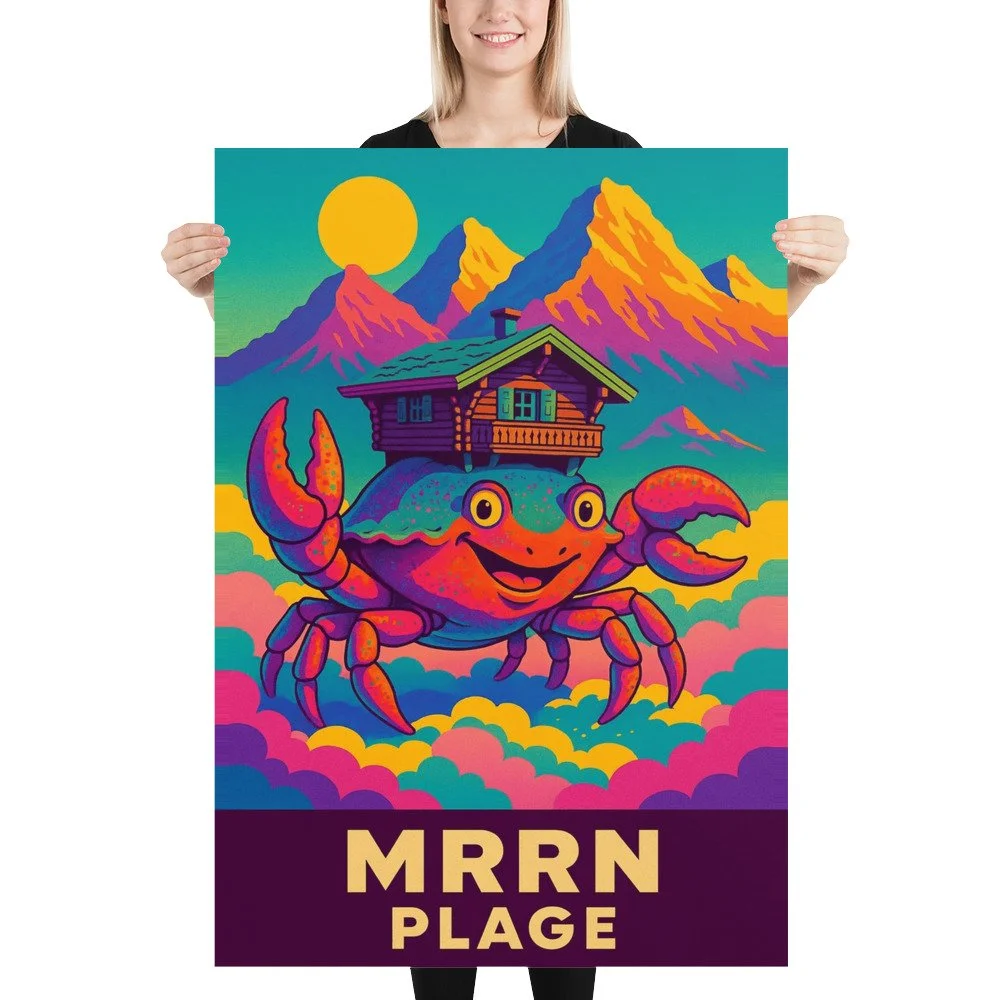 Eine blonde Frau hält das MRRN-Plage-Plakat Chaletkrabbe von Daniel Frei im Format 70 × 100 cm gerade vor sich.