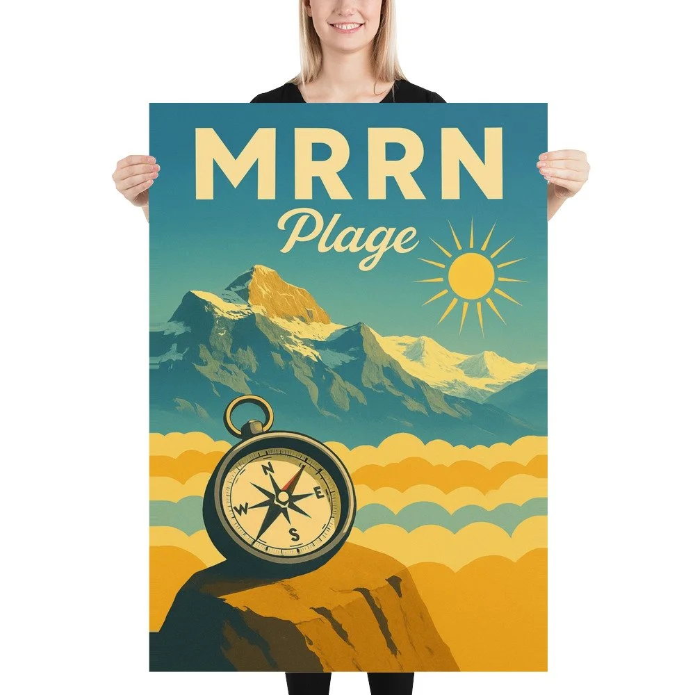 Eine blonde Frau hält das MRRN-Plage-Plakat Kompass von Daniel Frei im Format 70 × 100 cm gerade vor sich.