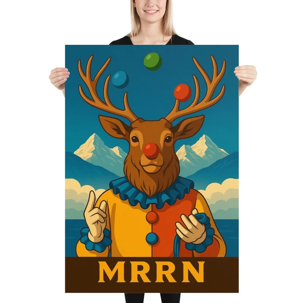 Eine blonde Frau hält das MRRN-Plage-Plakat Hirsch von Daniel Frei im Format 70 × 100 cm gerade vor sich.