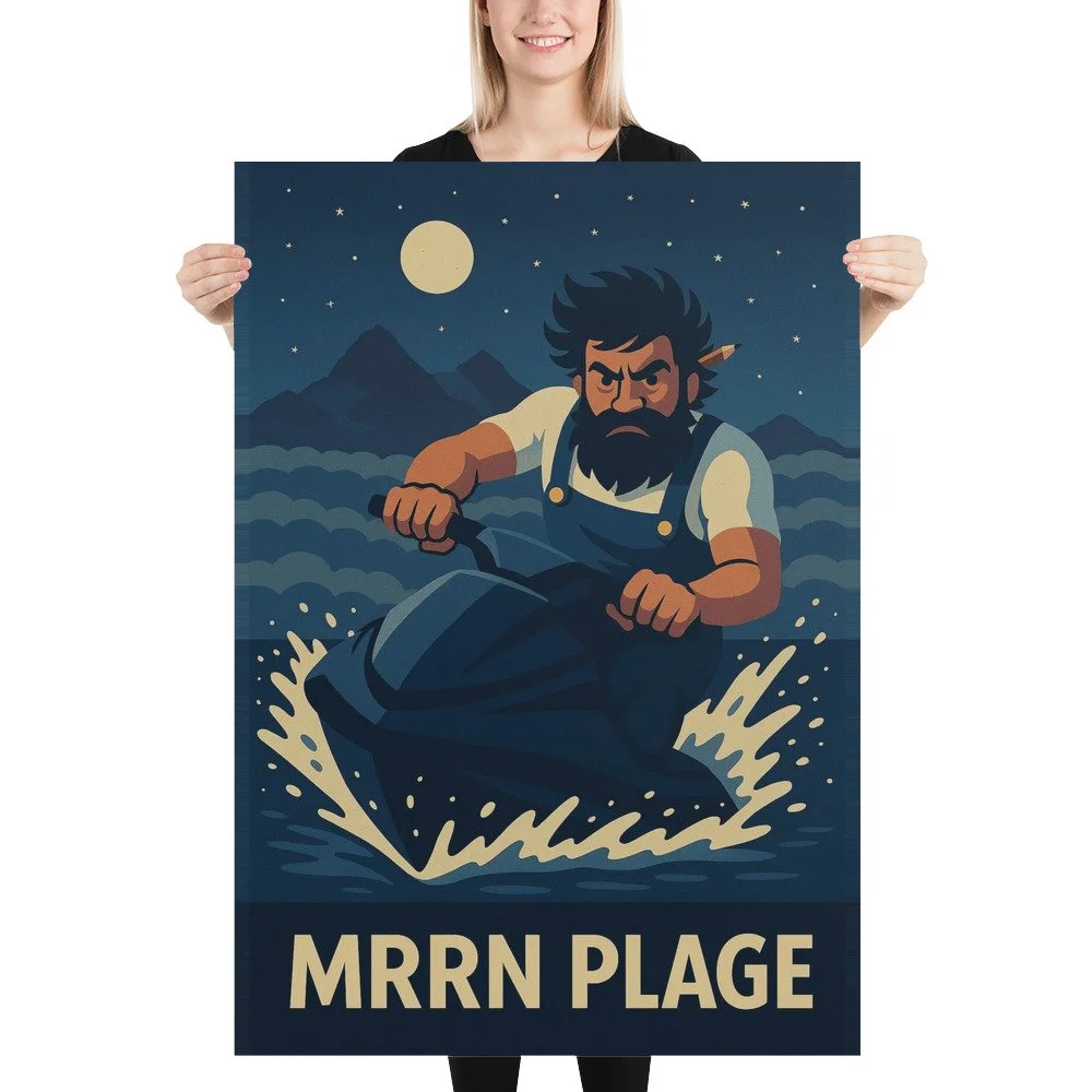 Eine blonde Frau hält das MRRN-Plage-Plakat Jetpilot von Daniel Frei im Format 70 × 100 cm gerade vor sich.