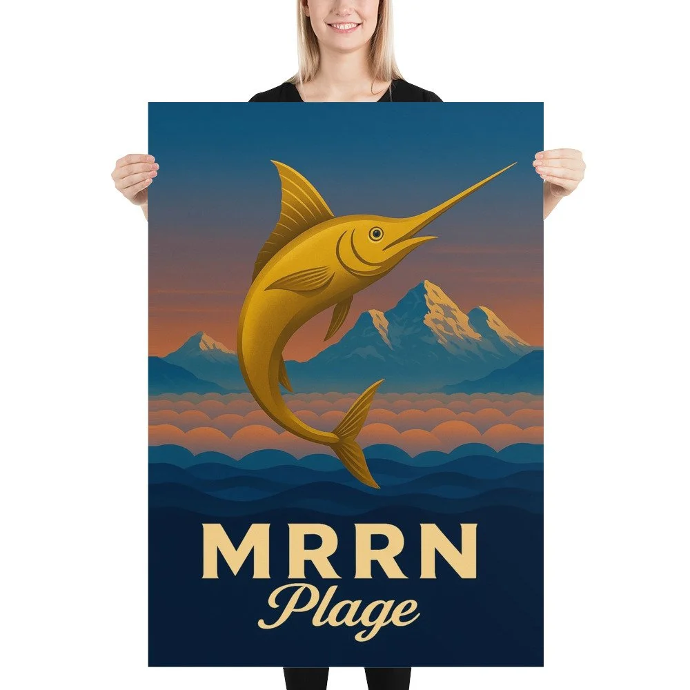 Eine blonde Frau hält das MRRN-Plage-Plakat Schwertfisch von Daniel Frei im Format 70 × 100 cm gerade vor sich.