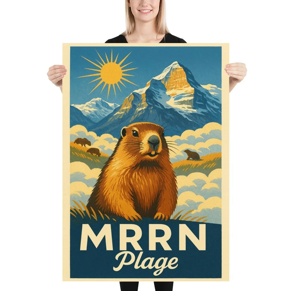 Eine blonde Frau hält das MRRN-Plage-Plakat Murmeli von Daniel Frei im Format 70 × 100 cm gerade vor sich.