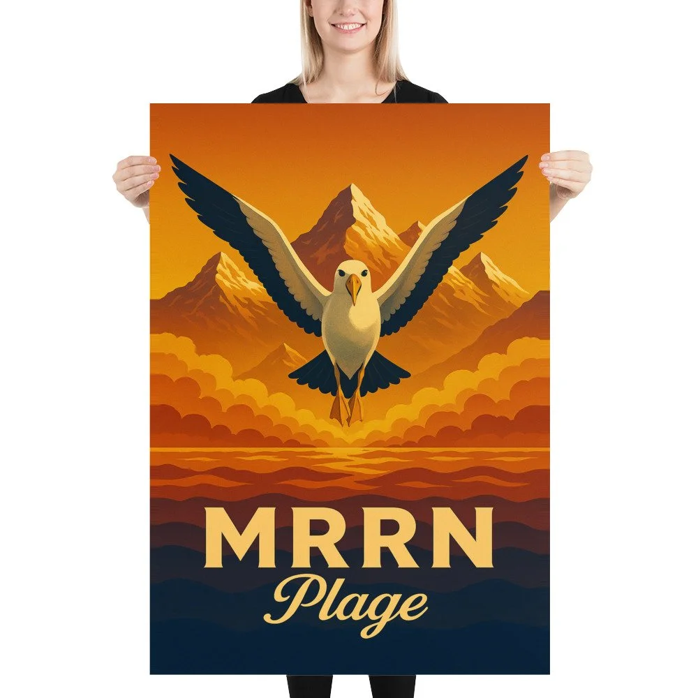 Eine blonde Frau hält das MRRN-Plage-Plakat Albatros von Daniel Frei im Format 70 × 100 cm gerade vor sich.