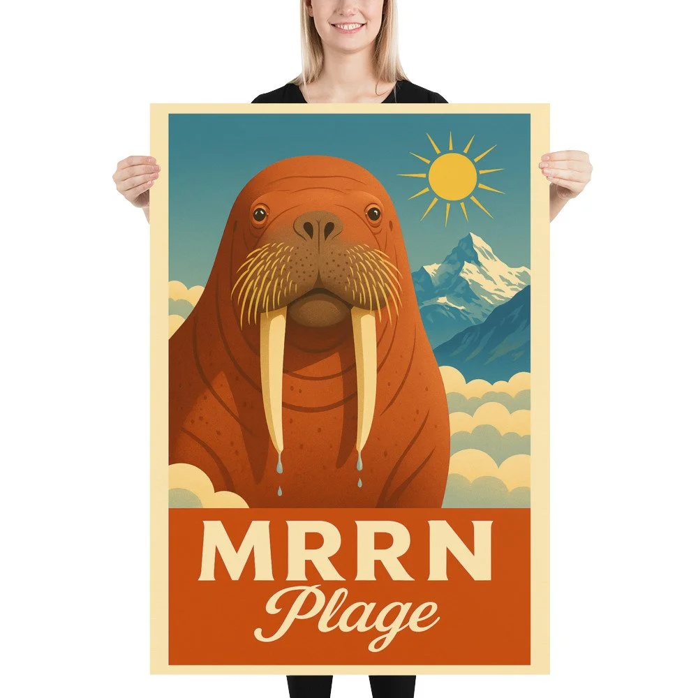 Eine blonde Frau hält das MRRN-Plage-Plakat Walross von Daniel Frei im Format 70 × 100 cm gerade vor sich.