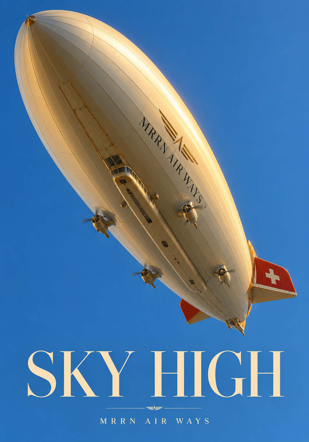 SKY HIGH — a pale airship and its red tail fin against a blue sky.