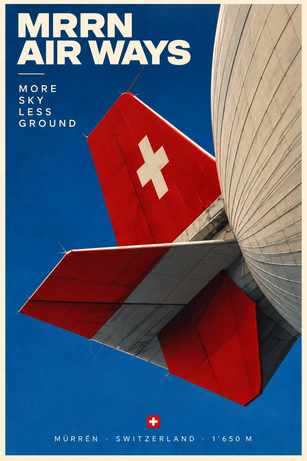 More Sky. Less Ground. — a red tail fin with the Swiss cross.