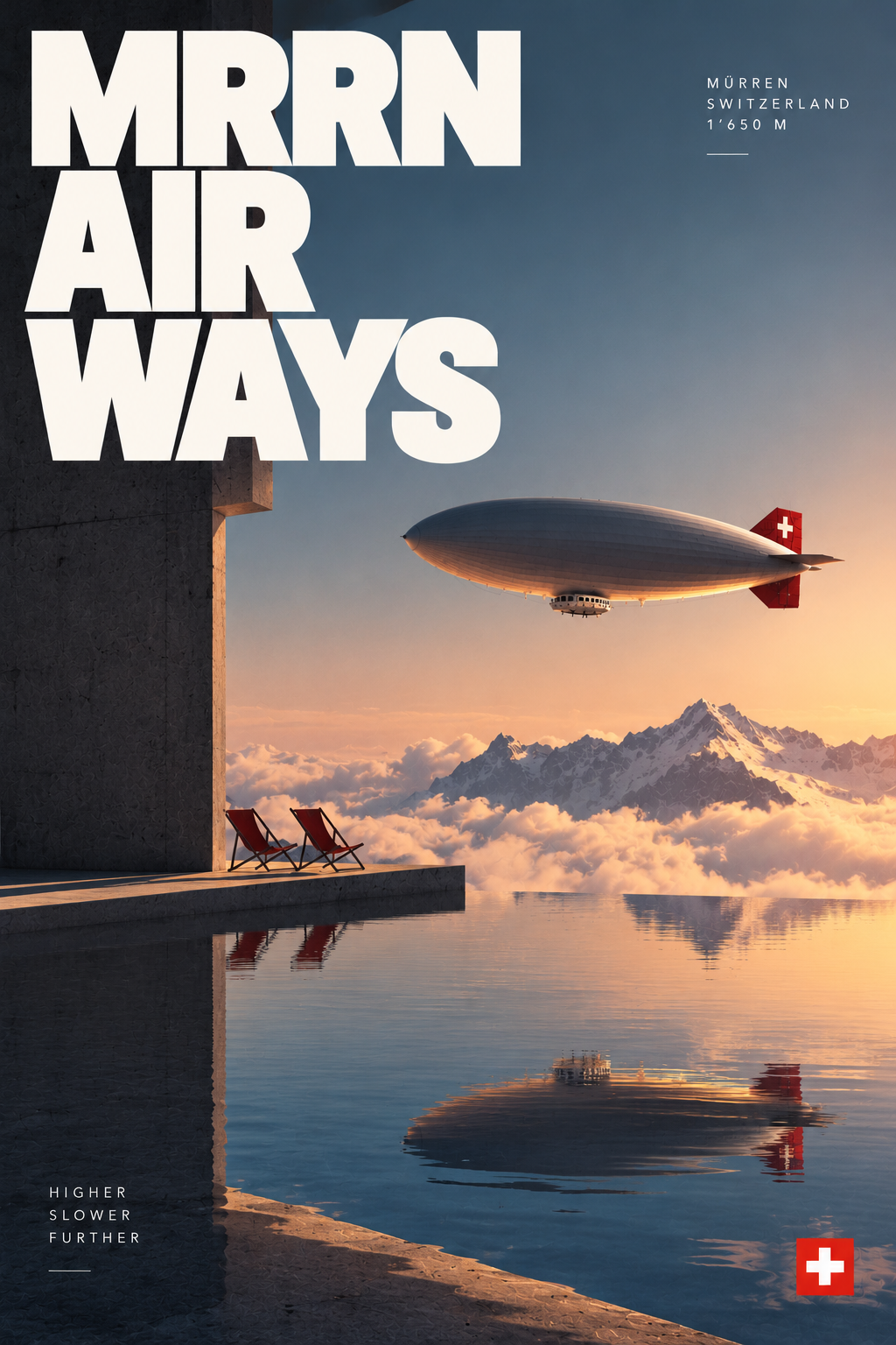 MRRN Air Ways — an airship reflected in water beneath an Alpine evening sky.