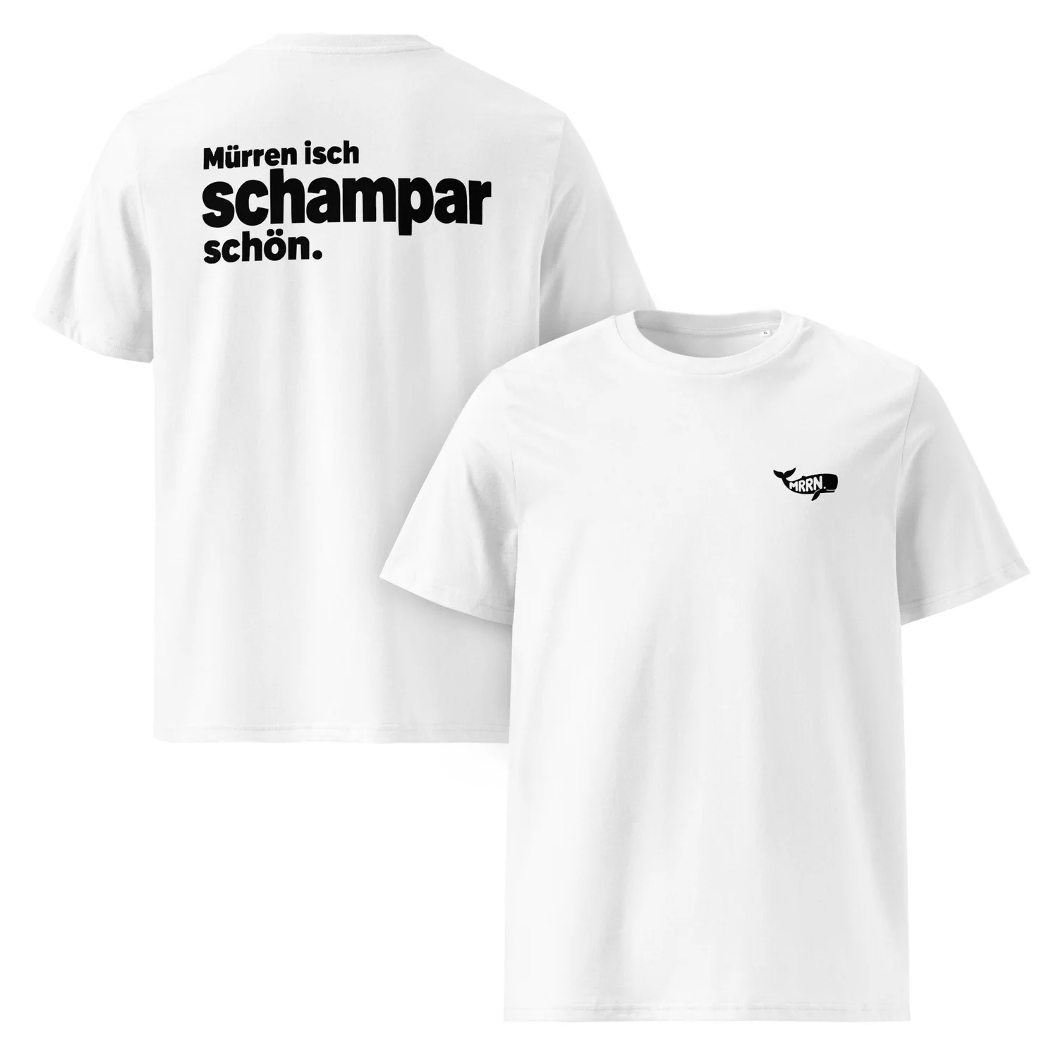 Schampar schön: weisses T-Shirt mit schwarzem Walfisch vorne und grossem Schriftzug hinten