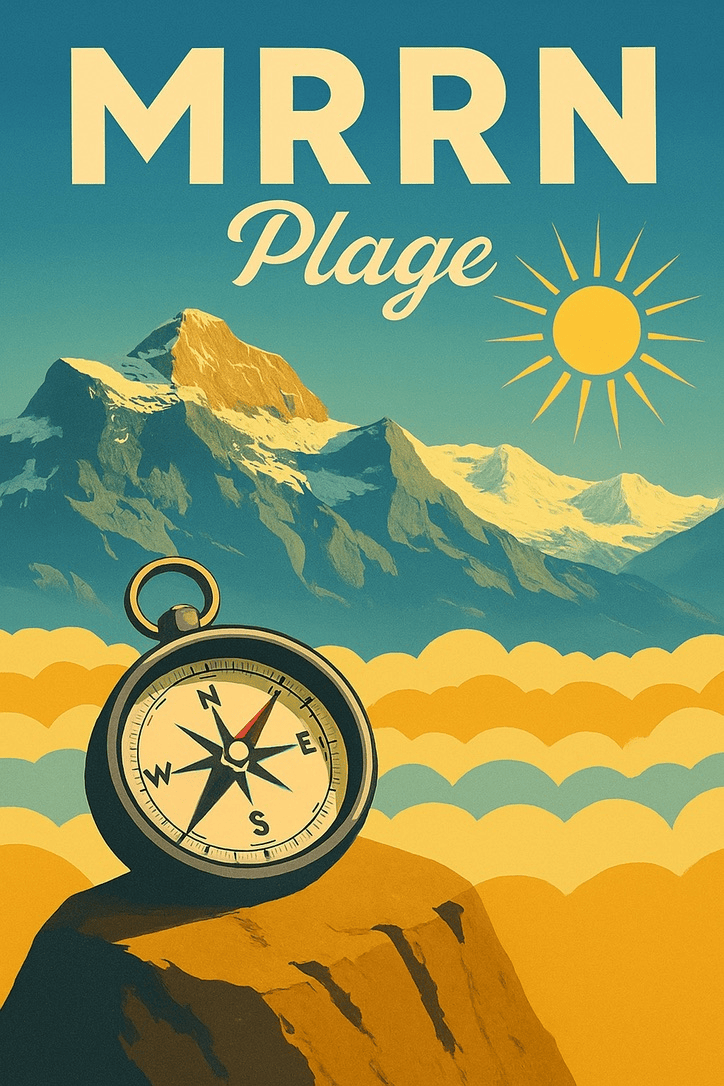 MRRN Plage von Daniel Frei: Ein runder Kompass auf einem Fels vor einem gelben Wolkenmeer, schneebedeckten Bergen und Sonne.