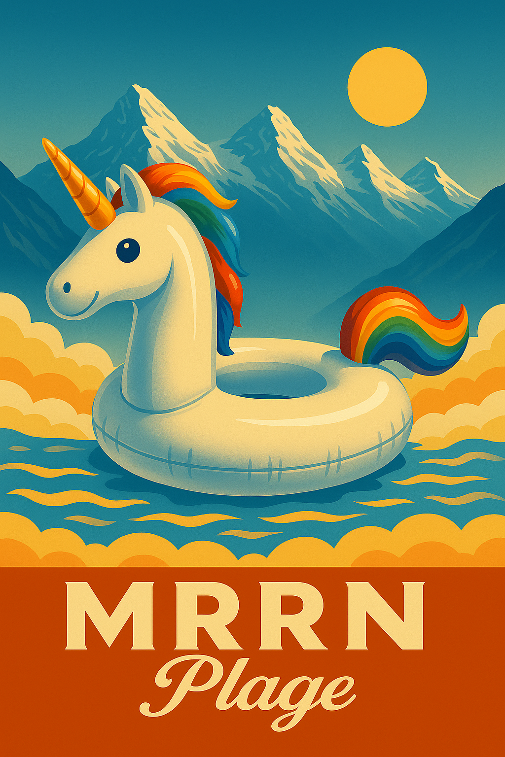 MRRN Plage von Daniel Frei: Ein weisser Einhorn-Schwimmring mit Regenbogenmähne und goldenem Horn treibt vor blauen Bergen in der Sonne.