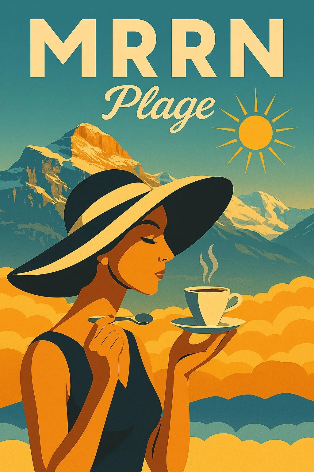 MRRN Plage «Americano» von Daniel Frei: Eine Frau mit breitem Sonnenhut hält eine Kaffeetasse vor Bergen und gelben Wolken.