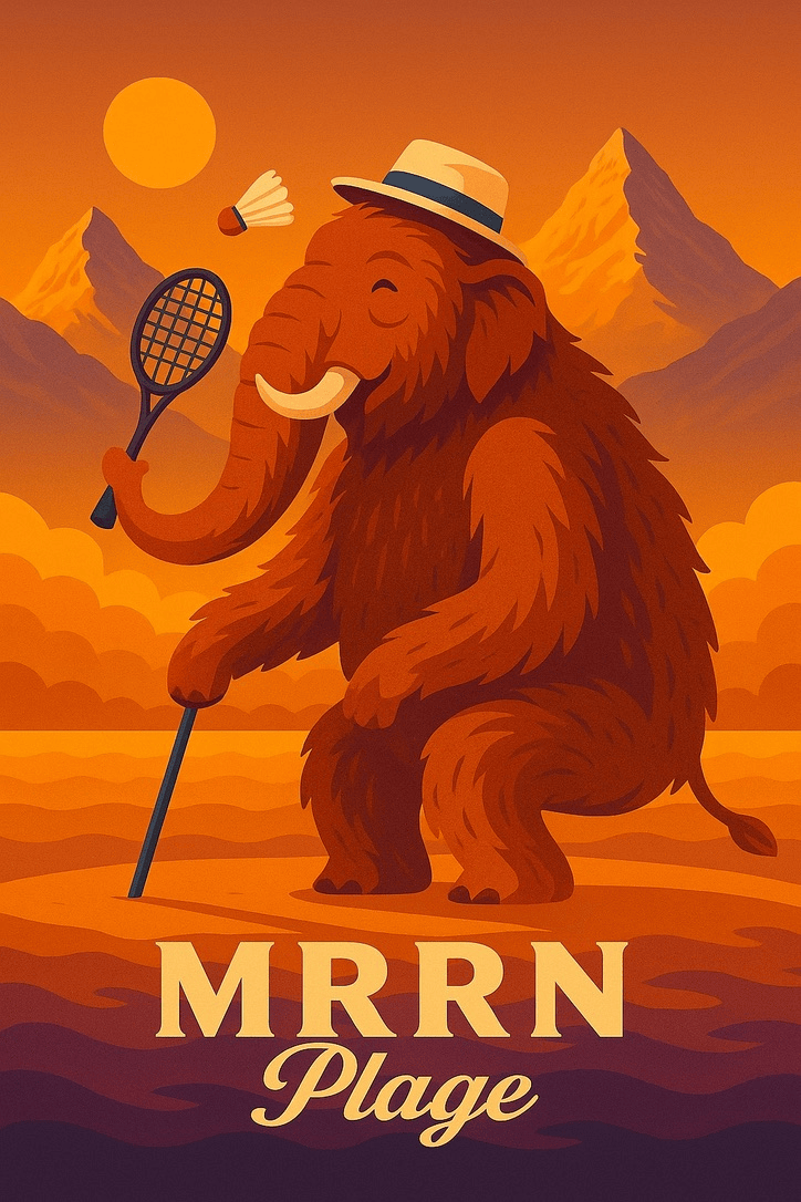 MRRN Plage von Daniel Frei: Ein braunes Mammut mit hellem Hut, Federballschläger und Federball vor Bergen, Wolken und orangefarbenem Himmel.