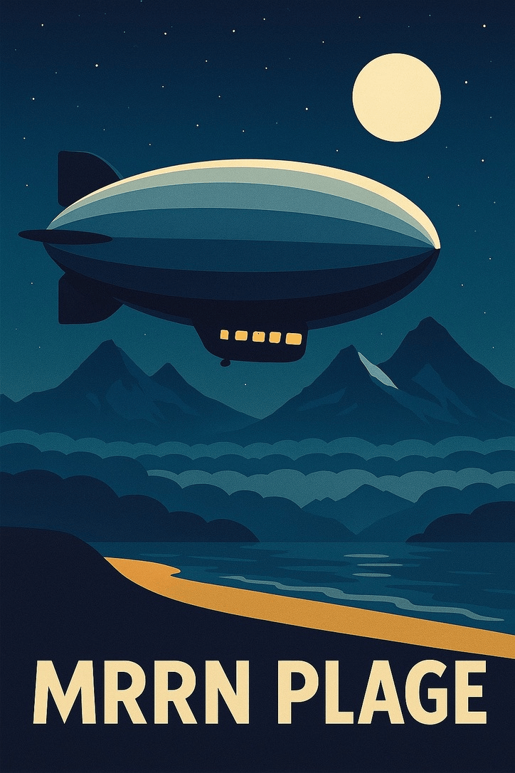 MRRN Plage Annex von Daniel Frei: Ein blaues Luftschiff mit leuchtenden Fenstern schwebt unter dem Vollmond über Bergen, Wolken und einem goldenen Strand.