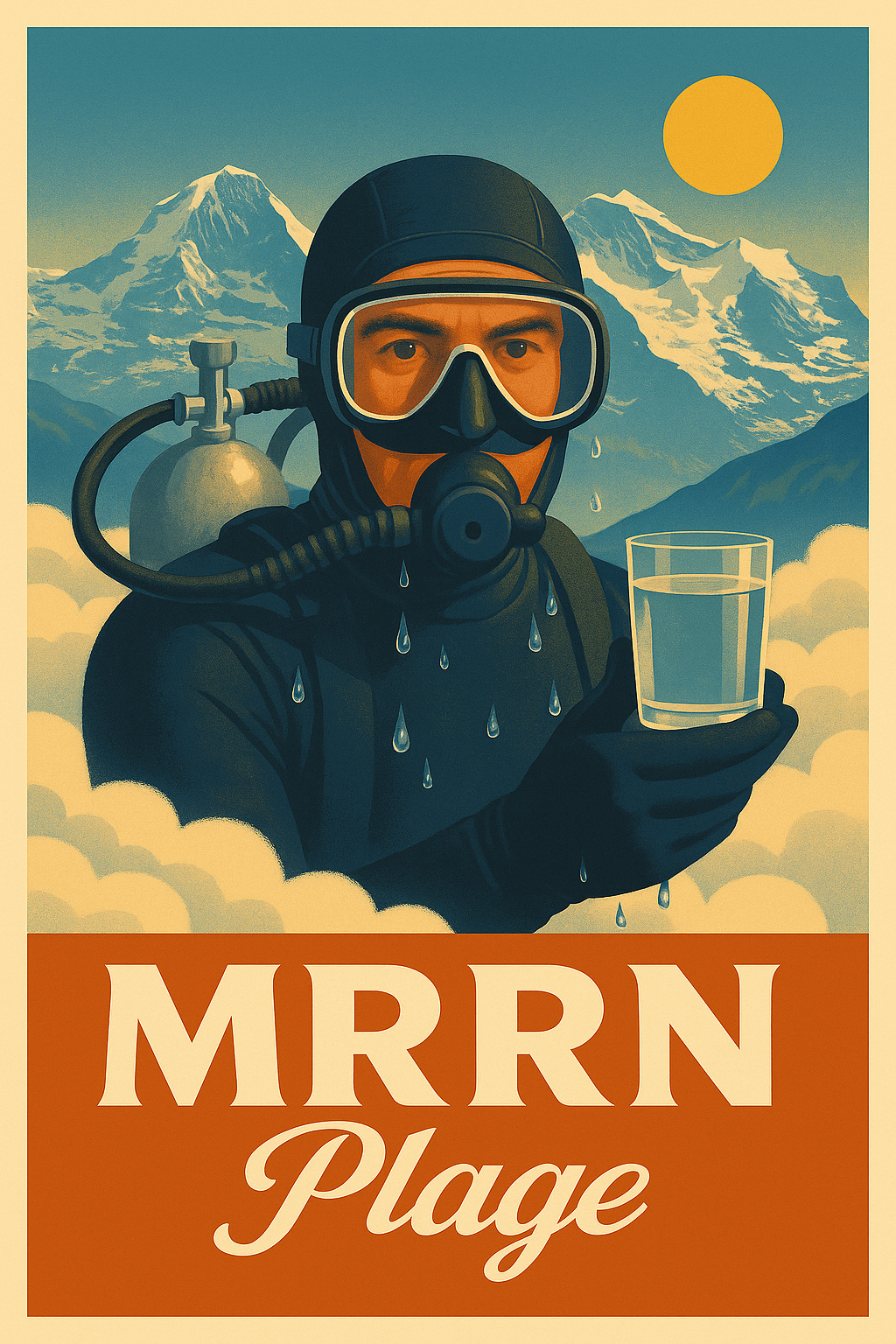 MRRN Plage von Daniel Frei: Ein Taucher mit schwarzer Haube, Taucherbrille und Atemregler hält ein Wasserglas vor Wolken und Bergen.
