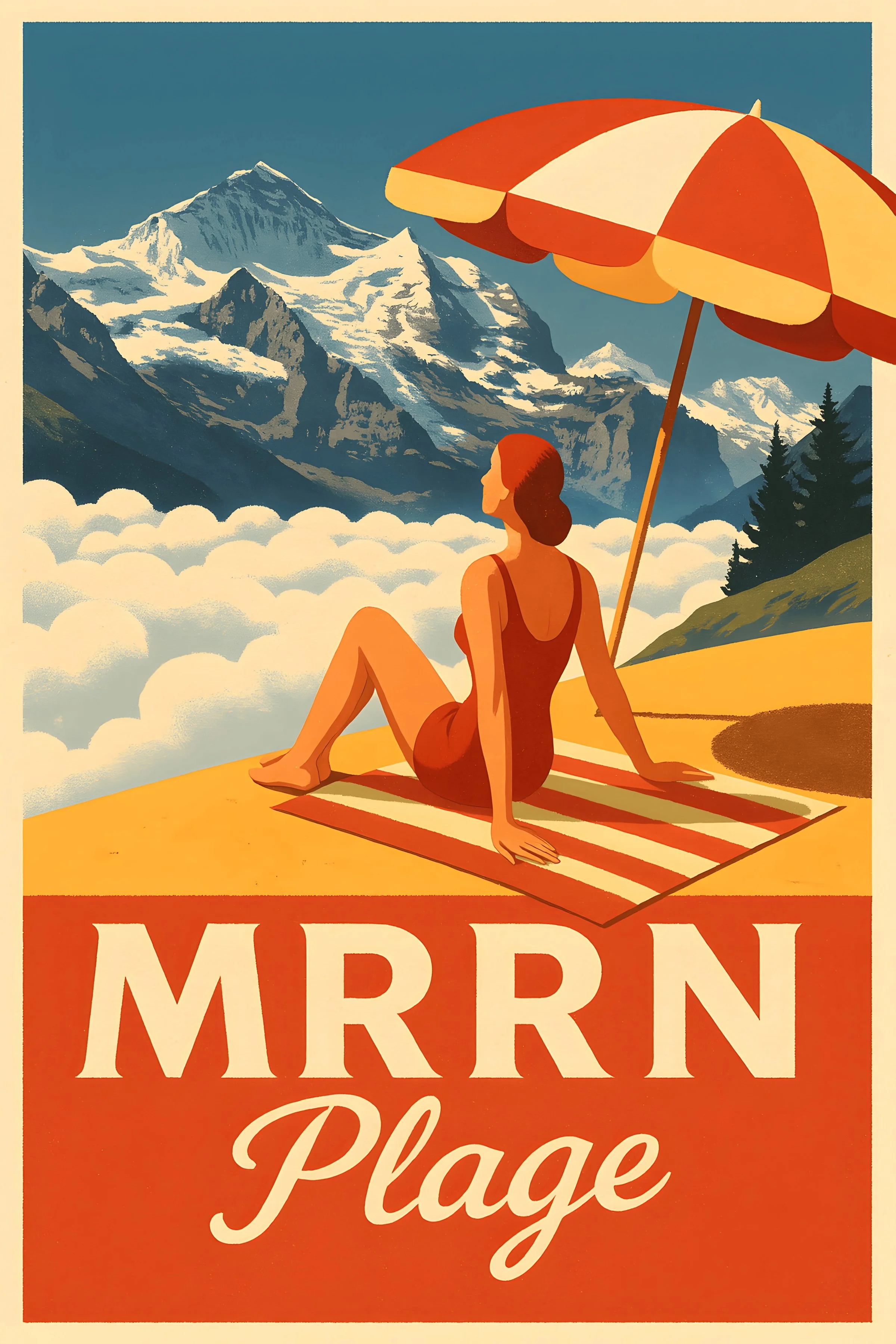 MRRN Plage Sonnenbad von Daniel Frei: Frau auf einem Liegetuch unter einem Sonnenschirm vor Bergen und Wolkenmeer.