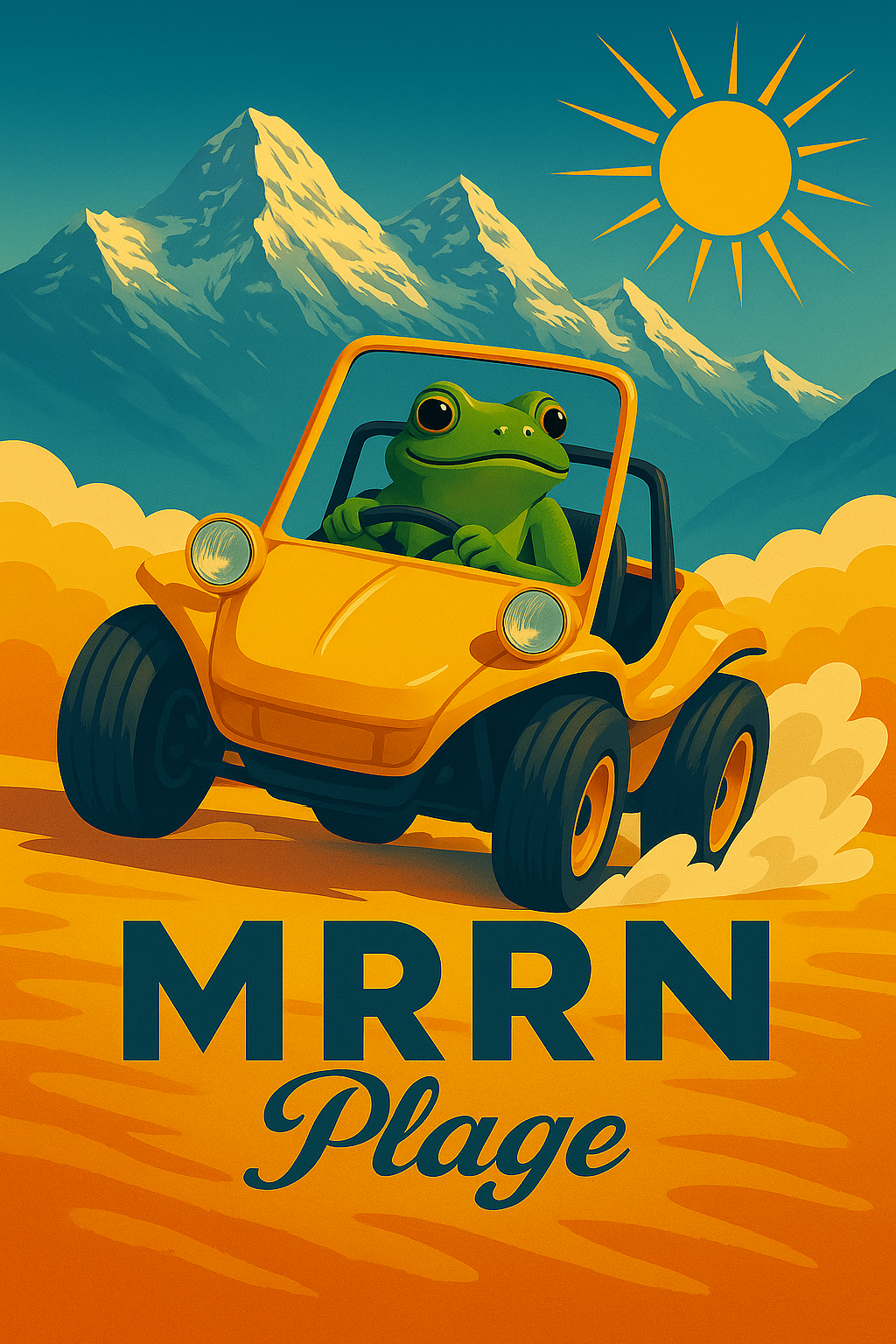 MRRN Plage von Daniel Frei: Ein grüner Frosch fährt einen gelben Strandbuggy durch den Sand, vor blauen Bergen und einer strahlenden Sonne.