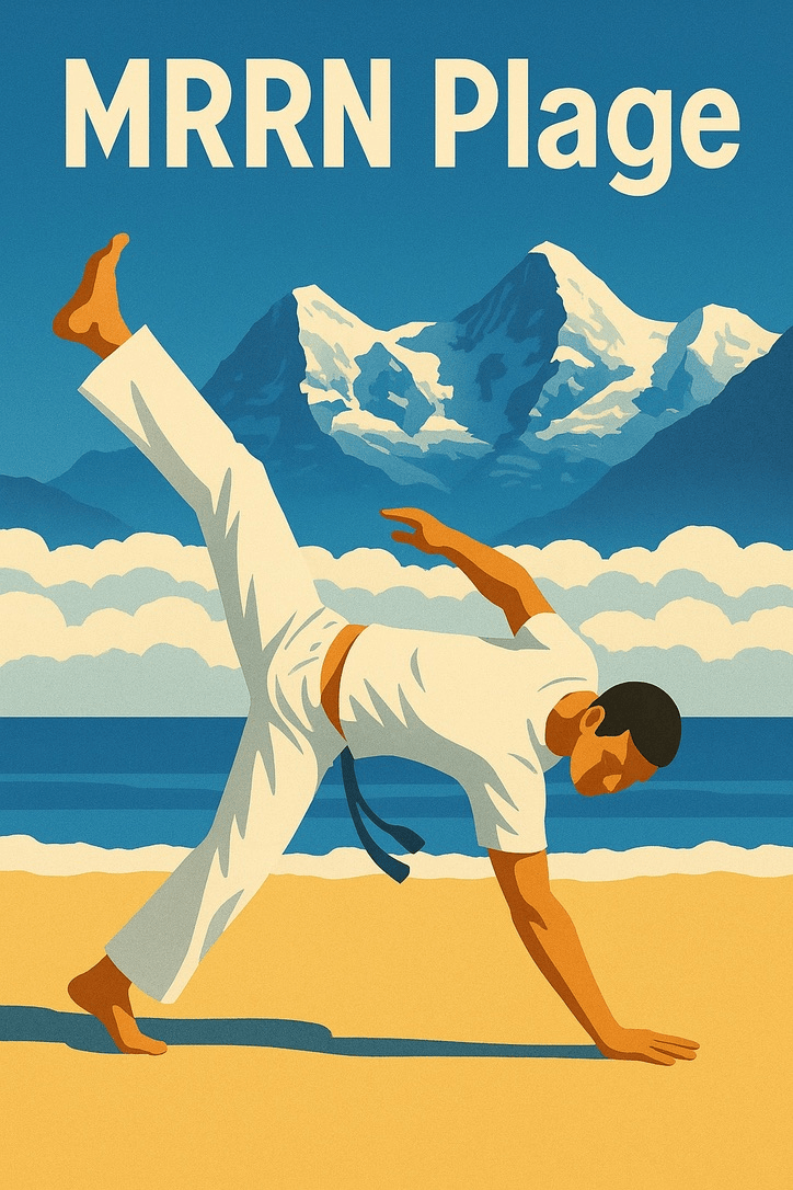 MRRN Plage von Daniel Frei: Eine Person in weisser Kleidung macht eine Capoeira-Bewegung auf gelbem Sand vor Wasser, Wolken und Bergen.