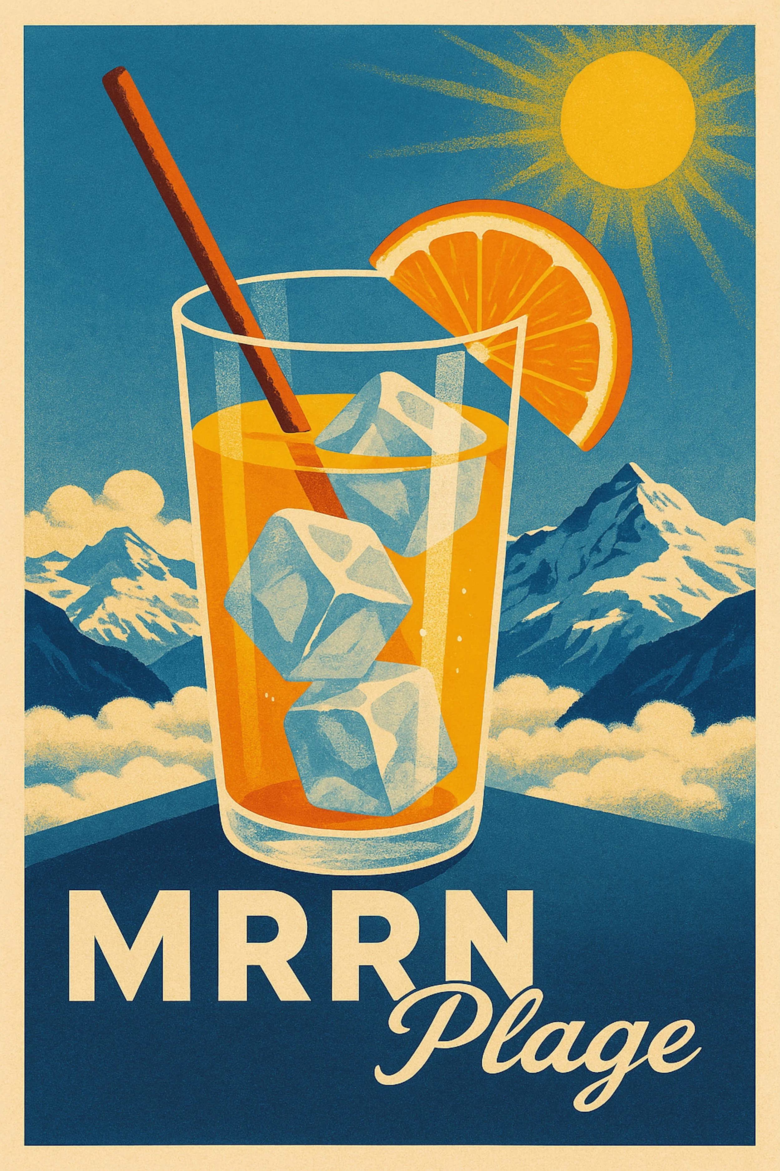 MRRN Plage Screwdriver von Daniel Frei: orangefarbener Cocktail mit Eiswürfeln und Orangenscheibe vor Alpengipfeln und Sonne, im Stil eines Reiseplakats.