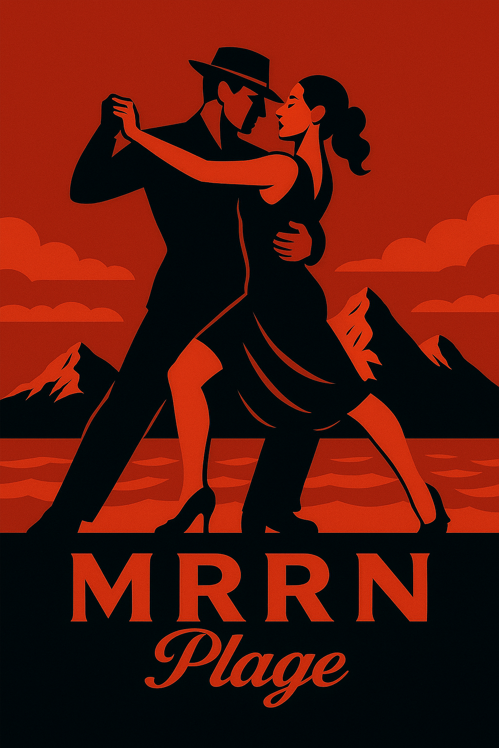 MRRN Plage von Daniel Frei: Ein Paar tanzt Tango vor Bergen und Wasser, dargestellt in kräftigem Rot und Schwarz.