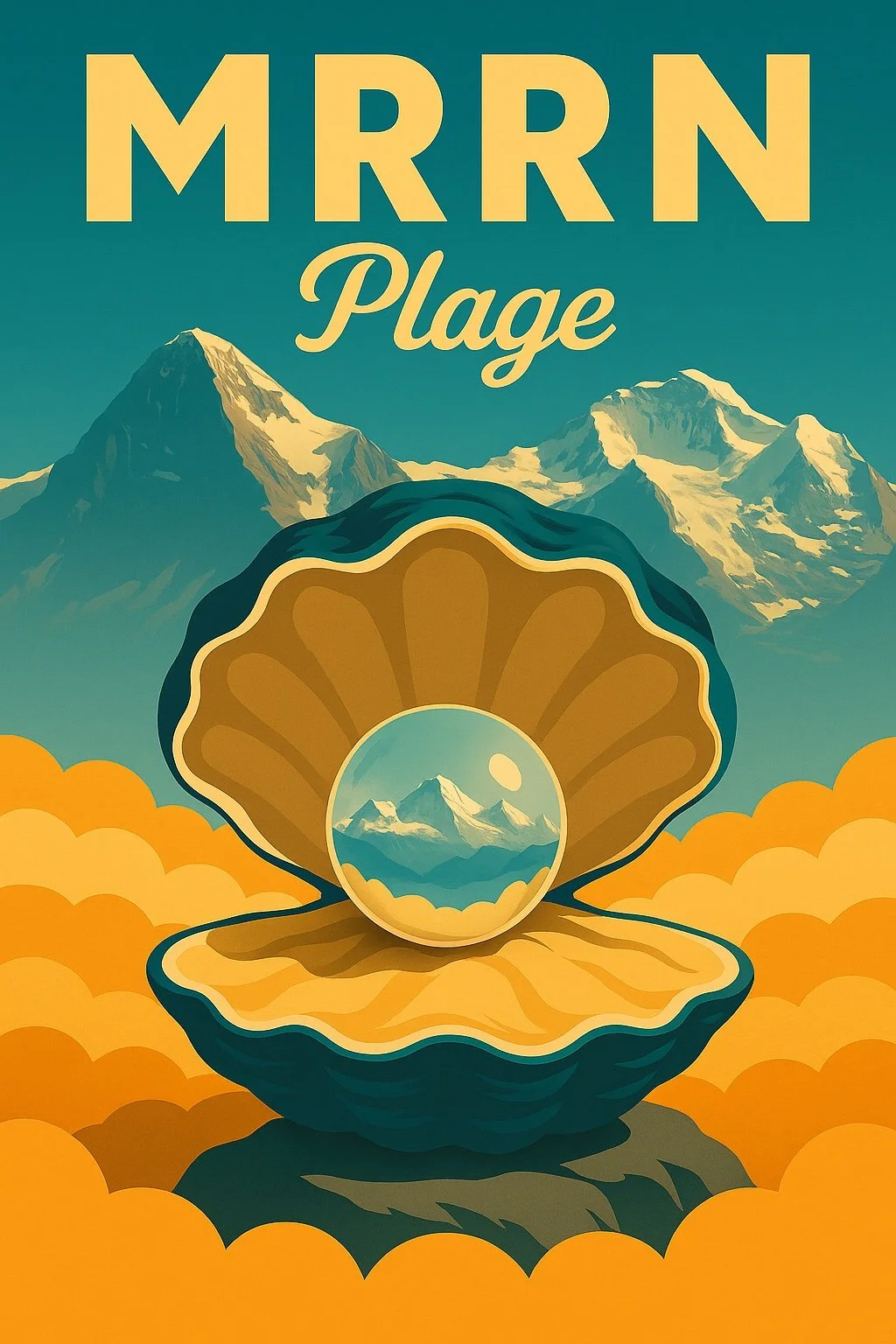 MRRN Plage «Perle» von Daniel Frei: Eine geöffnete goldene Muschel trägt eine grosse Perle mit einer Bergspiegelung vor gelben Wolken.