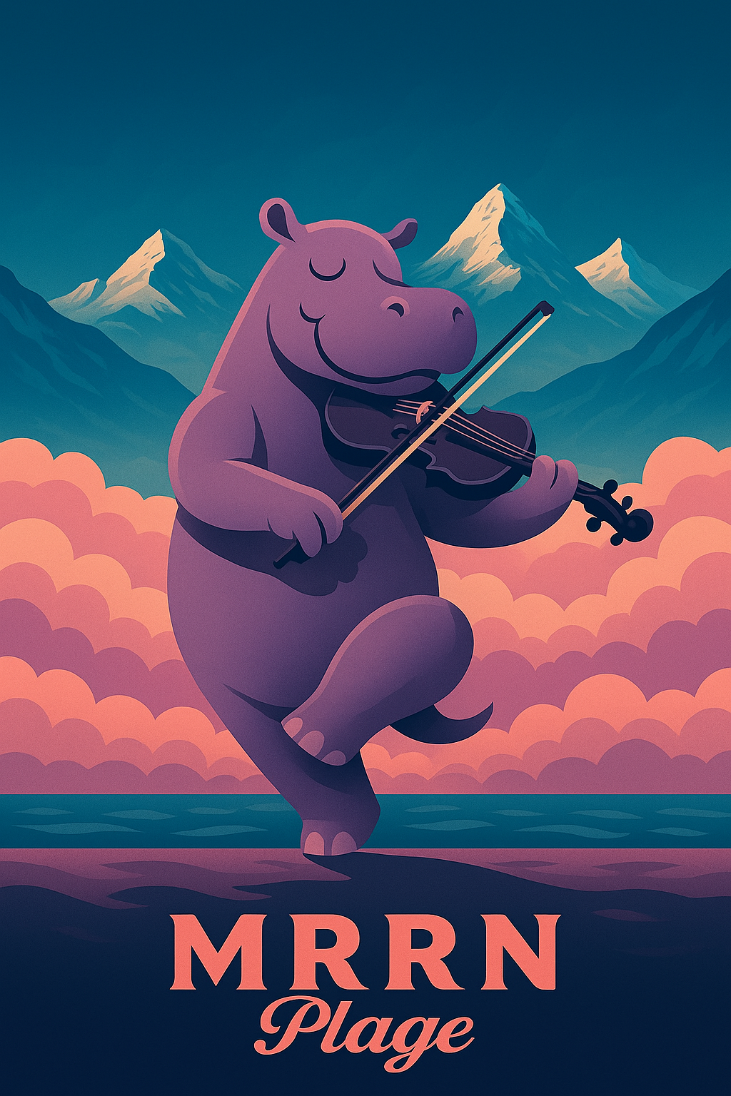 MRRN Plage von Daniel Frei: Ein violettes Nilpferd spielt mit geschlossenen Augen Geige und balanciert auf einem Bein vor rosa Wolken und blauen Bergen.