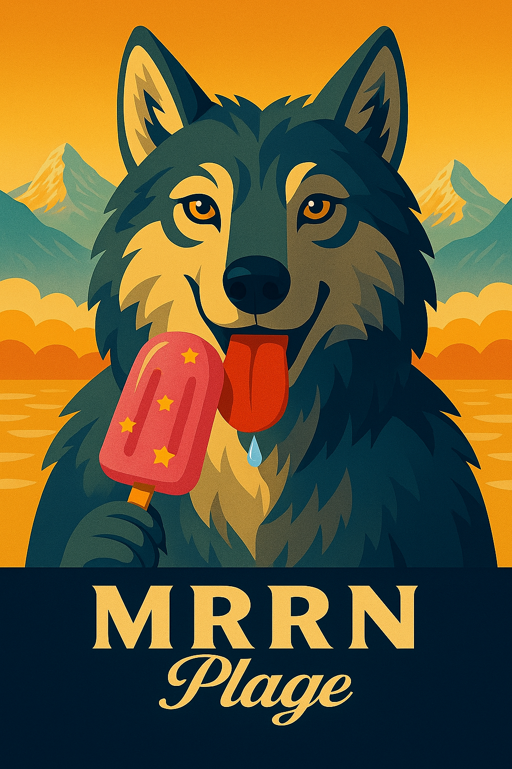 MRRN Plage von Daniel Frei: Ein Wolf mit heraushängender Zunge hält eine rosa Glace am Stiel mit gelben Sternen vor goldener Berg- und Wasserlandschaft.
