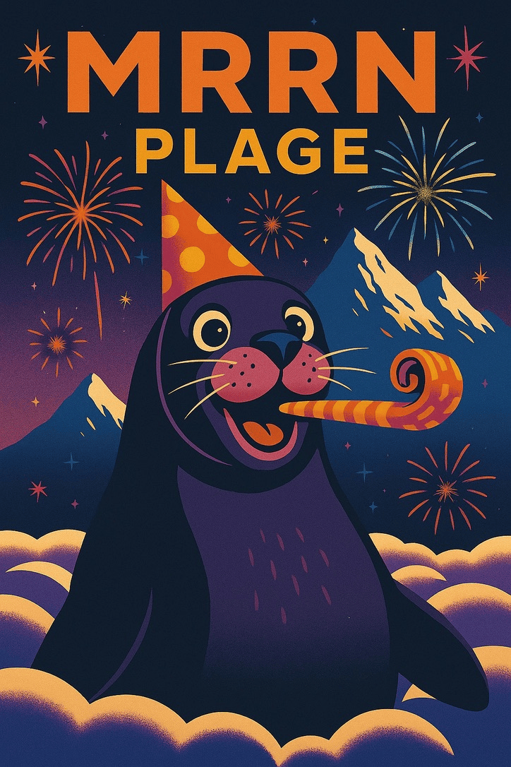 MRRN Plage Annex von Daniel Frei: Eine violette Robbe mit Partyhut und Tröte feiert vor Bergen, Wolken und buntem Feuerwerk.