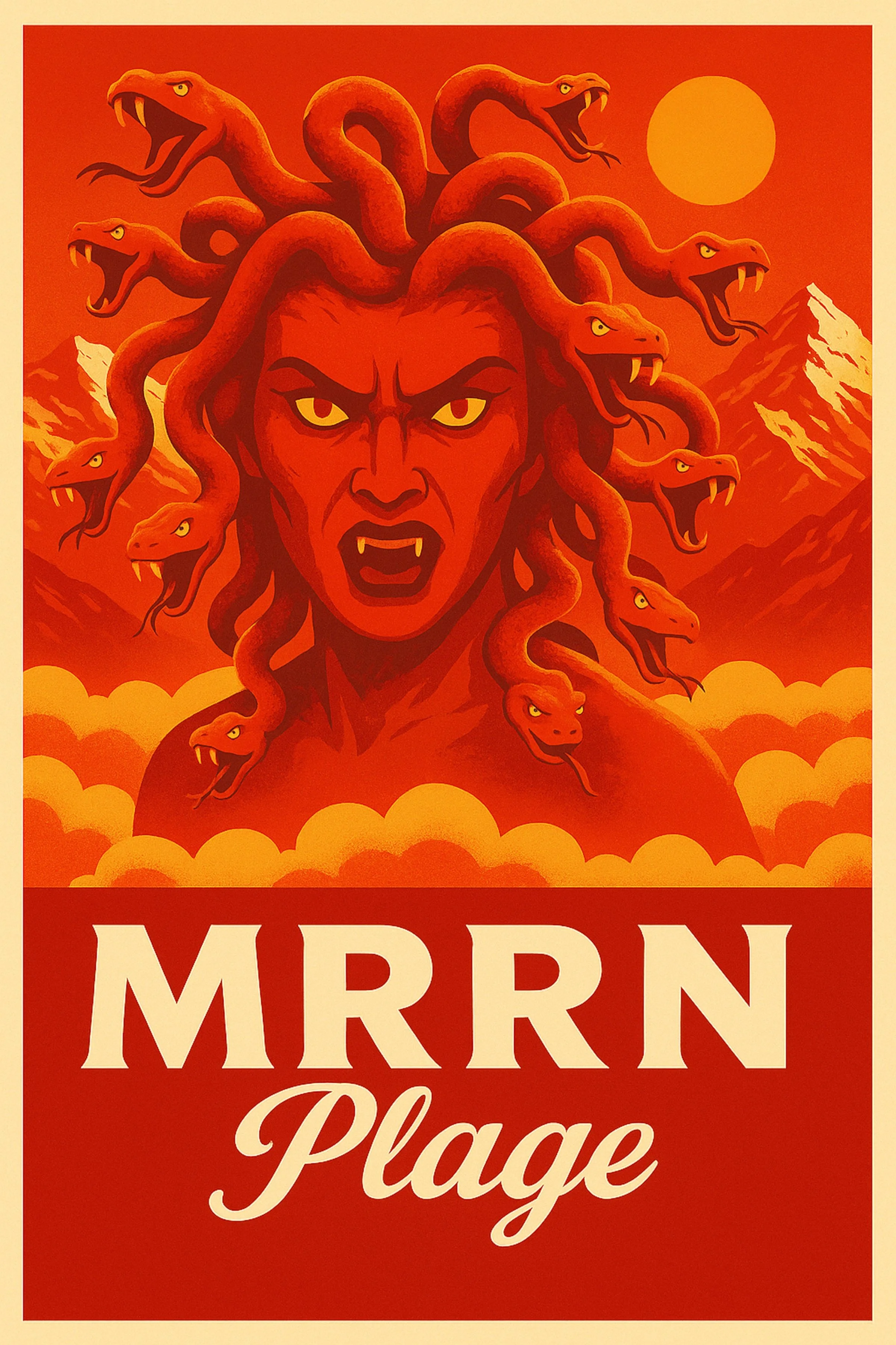 MRRN Plage Medusa von Daniel Frei: Medusa mit Schlangenhaar vor orangefarbenen Alpen, Sonne und Wolken, eingefasst von einem cremefarbenen Rand.