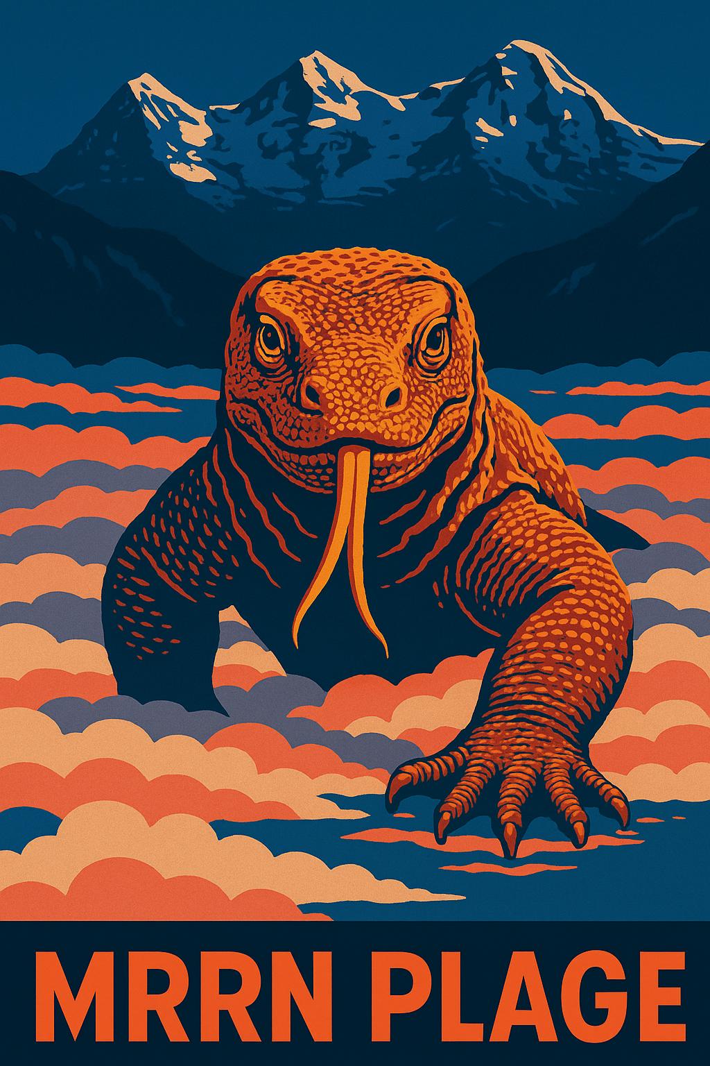 MRRN Plage von Daniel Frei: Ein orange-blauer Komodowaran mit gespaltener Zunge vor farbigen Wolken und dunklen Bergen.