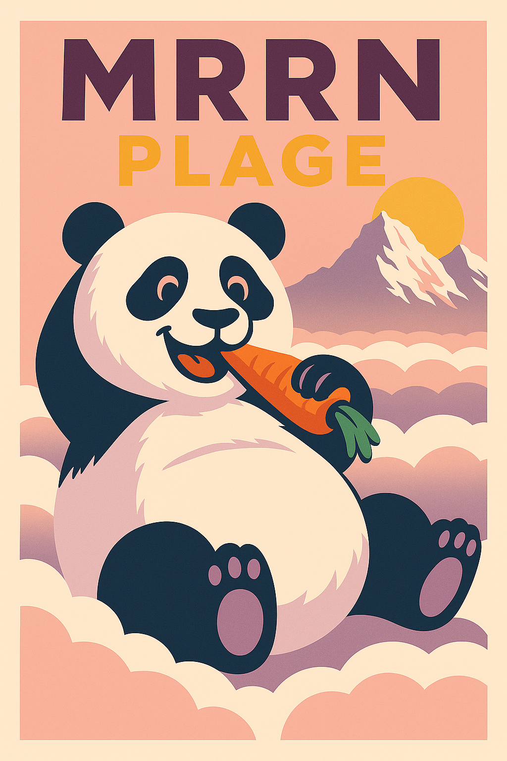 MRRN Plage von Daniel Frei: Ein fröhlicher Panda mit einer Karotte sitzt in rosa Wolken vor Bergen und Sonne.