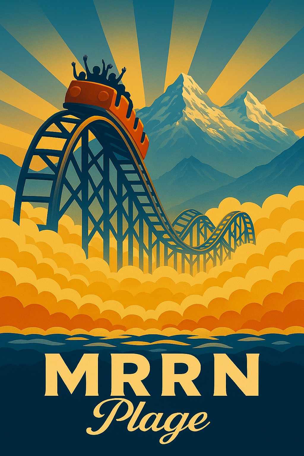 MRRN Plage von Daniel Frei: Eine orange Achterbahn mit jubelnden Fahrgästen fährt vor schneebedeckten Bergen durch goldgelbe Wolken und Sonnenstrahlen.