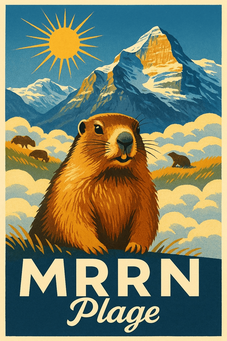 MRRN Plage Annex von Daniel Frei: Ein braunes Murmeltier sitzt vor Wiesen, Wolken und schneebedeckten Bergen unter einer gelben Sonne.