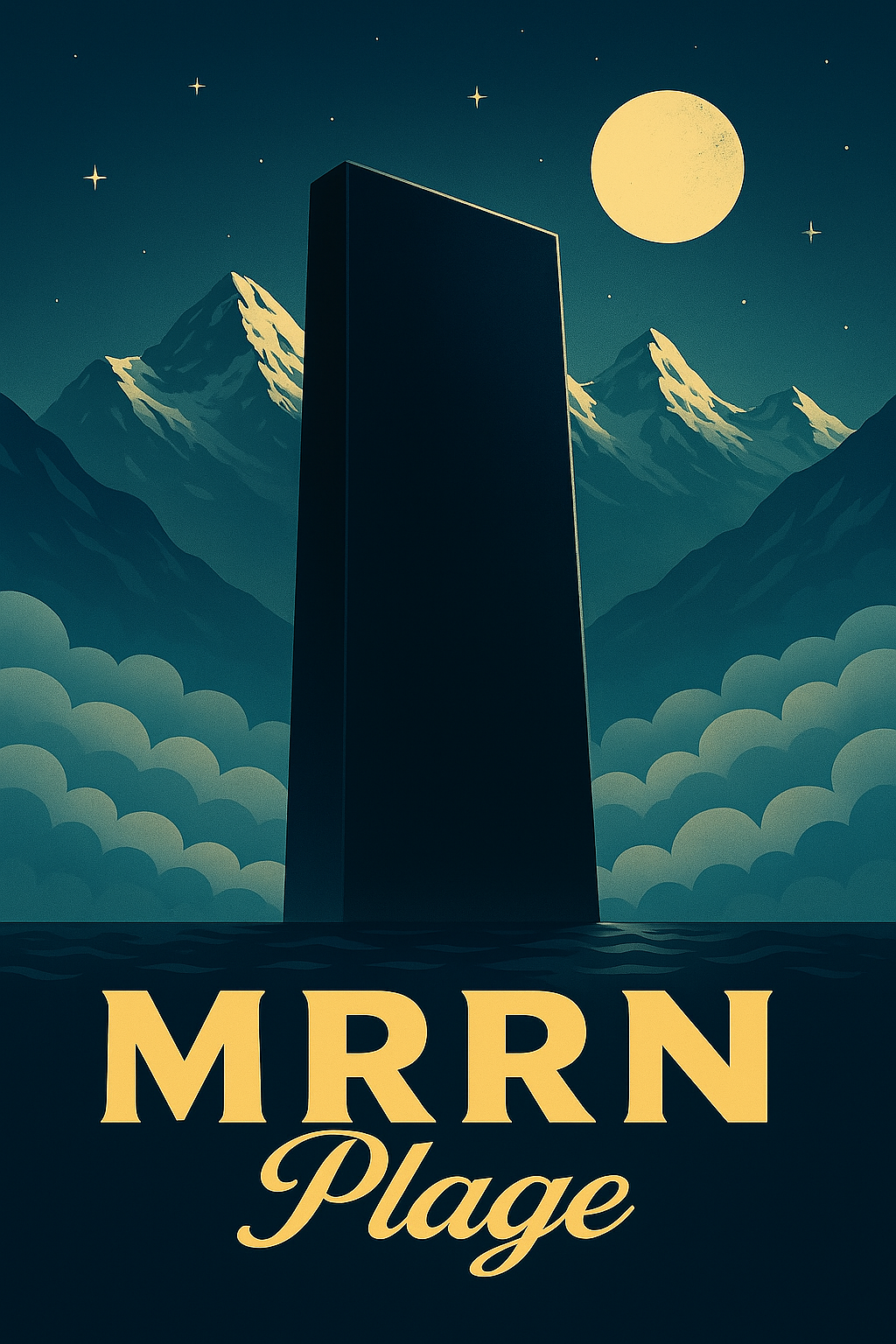 MRRN Plage von Daniel Frei: Ein hoher schwarzer rechteckiger Monolith ragt aus dunklem Wasser vor schneebedeckten Bergen, Wolken, Sternen und einem hellen Vollmond auf.