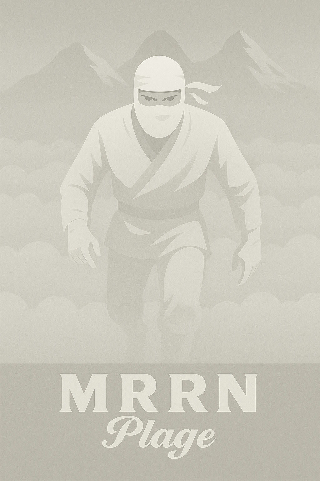 MRRN Plage von Daniel Frei: Ein weiss gekleideter Ninja taucht vor blassen Bergspitzen aus dem Nebel auf; das gesamte Motiv ist in hellen Grautönen gehalten.