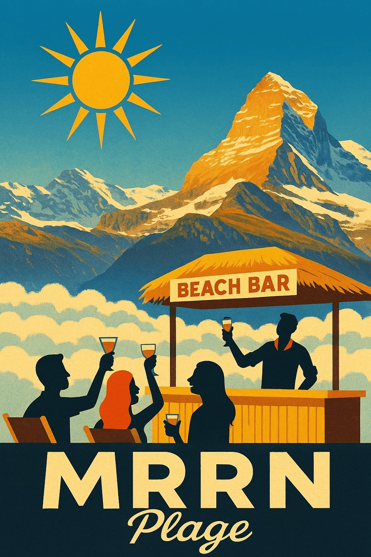 MRRN Plage Annex von Daniel Frei: Menschen stossen an einer Beach Bar unter einem Strohdach vor Wolken, schneebedeckten Bergen und einer gelben Sonne an.