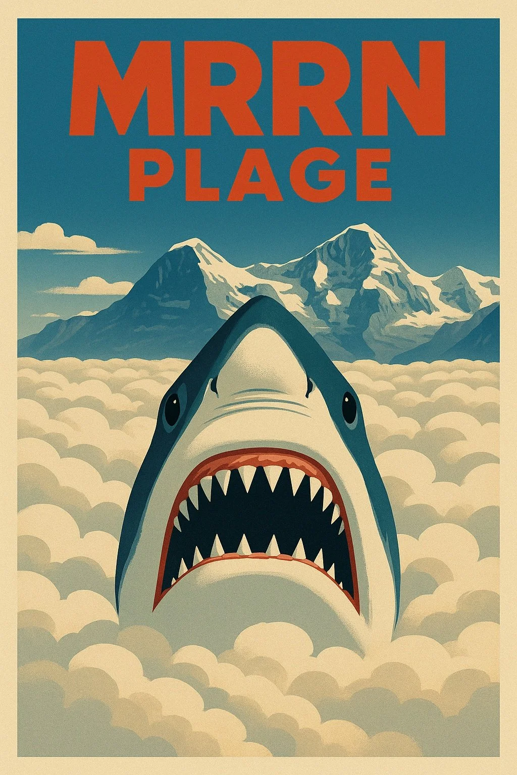 MRRN Plage «Hai» von Daniel Frei: Ein Hai mit geöffnetem Maul taucht frontal vor einer Bergkulisse aus hellen Wolken auf.