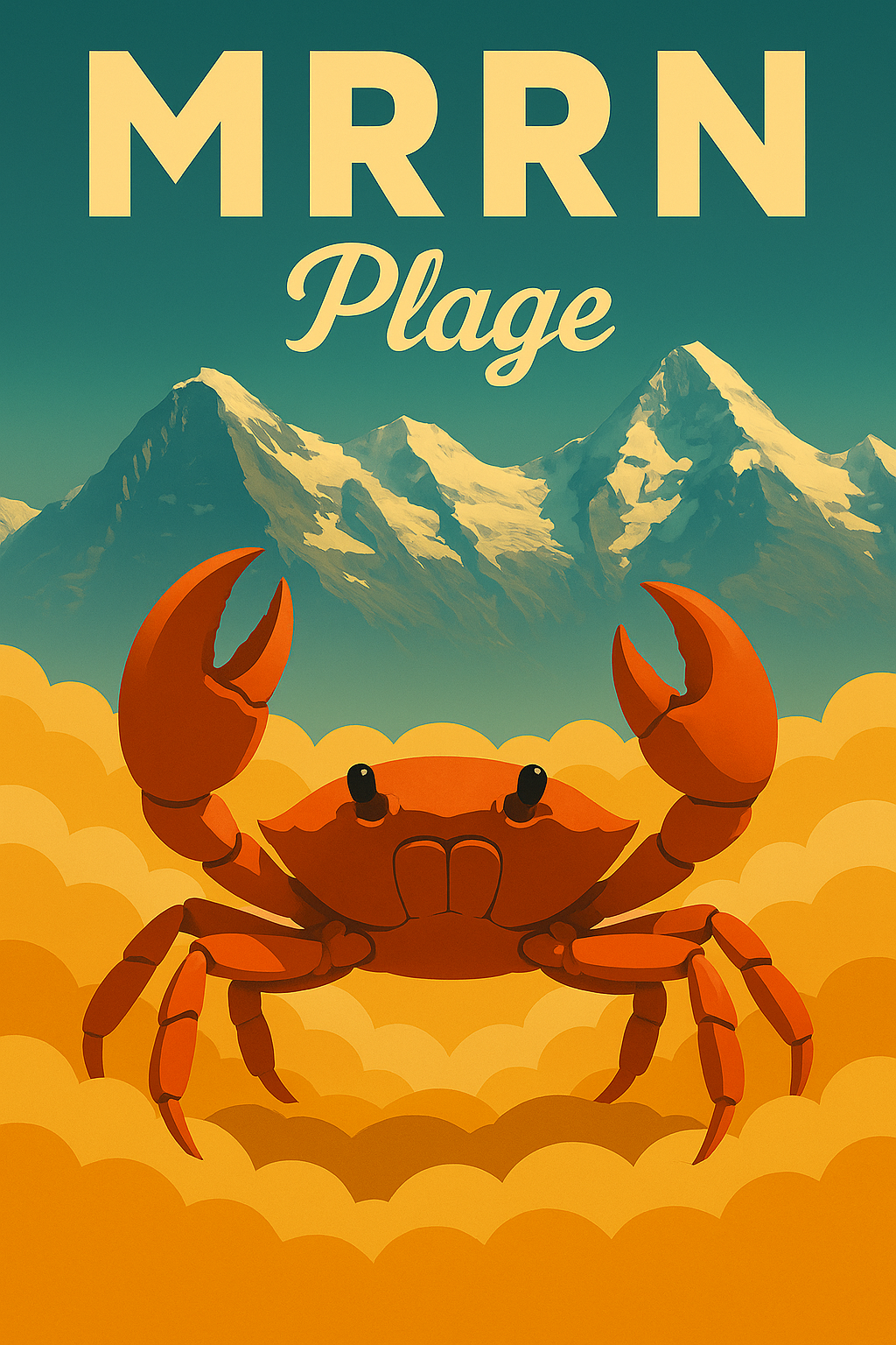 MRRN Plage von Daniel Frei: Eine orangefarbene Krabbe mit erhobenen Scheren schwebt über gelben Wolken vor schneebedeckten Bergen.