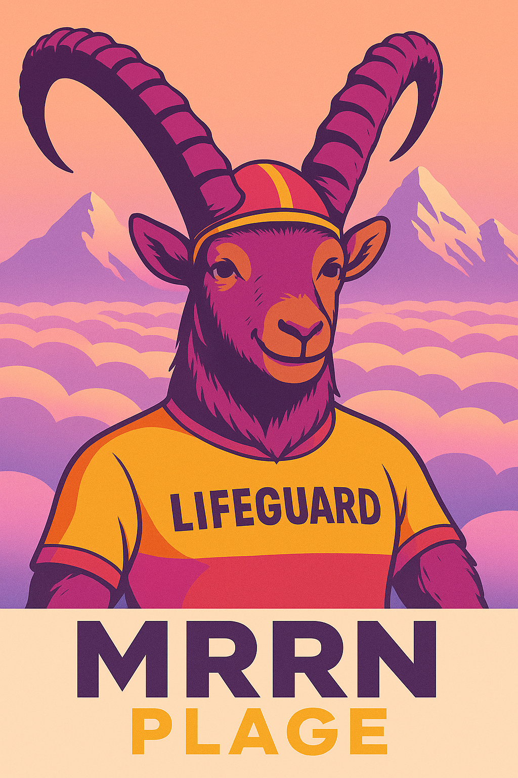 MRRN Plage von Daniel Frei: Ein Steinbock mit Badekappe und gelbem LIFEGUARD-Shirt vor violetten Bergen und rosa Wolken.