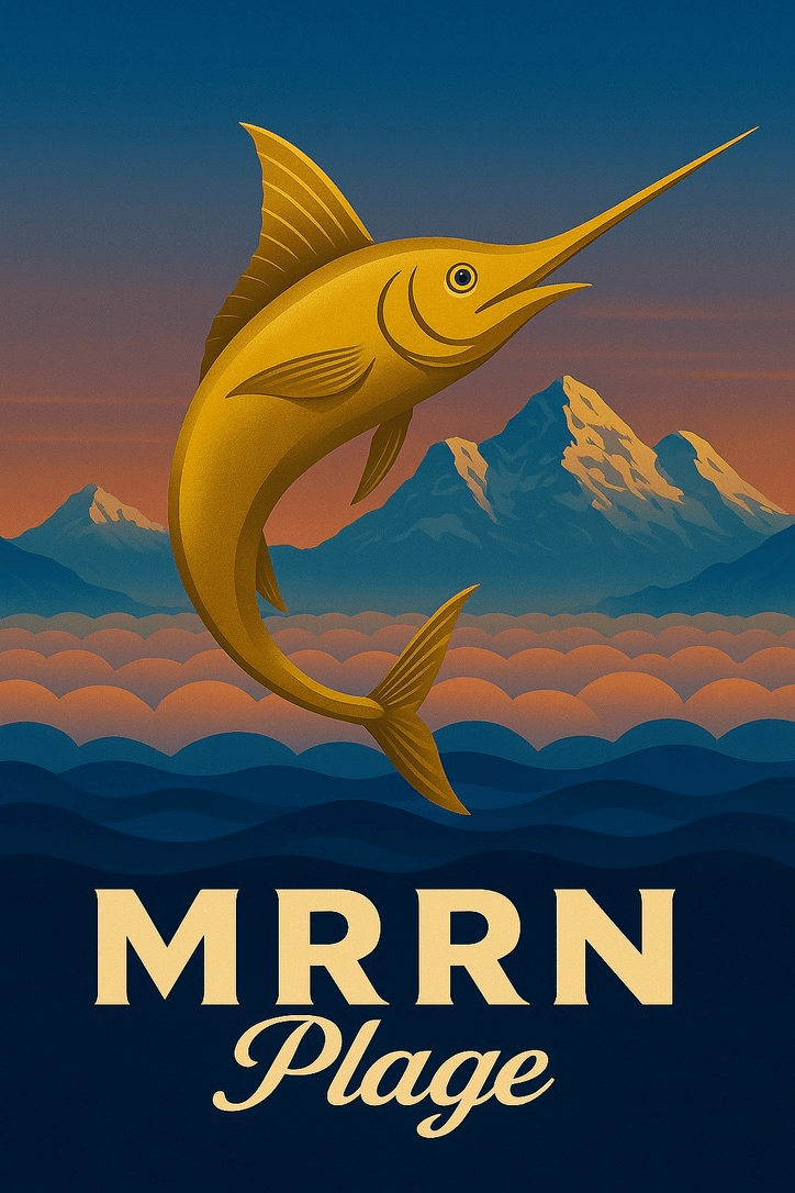 MRRN Plage Annex von Daniel Frei: Ein goldener Schwertfisch springt vor blauen Bergen, orangefarbenen Wolken und dunklen Wellen.