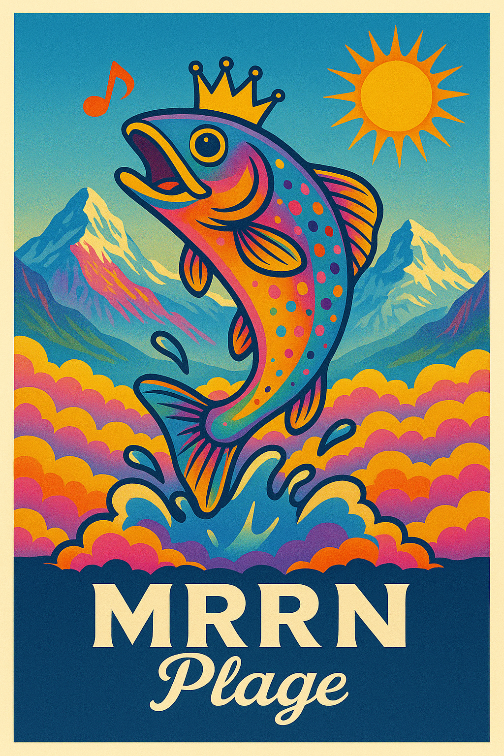 MRRN Plage von Daniel Frei: Eine bunte Forelle mit goldener Krone springt vor Bergen, farbigen Wolken und Sonne; daneben eine Musiknote.