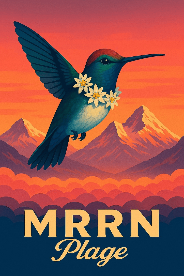MRRN Plage von Daniel Frei: Ein blauer Kolibri mit weissen Blüten am Hals fliegt vor Bergen und rosa-orangefarbenem Abendhimmel.