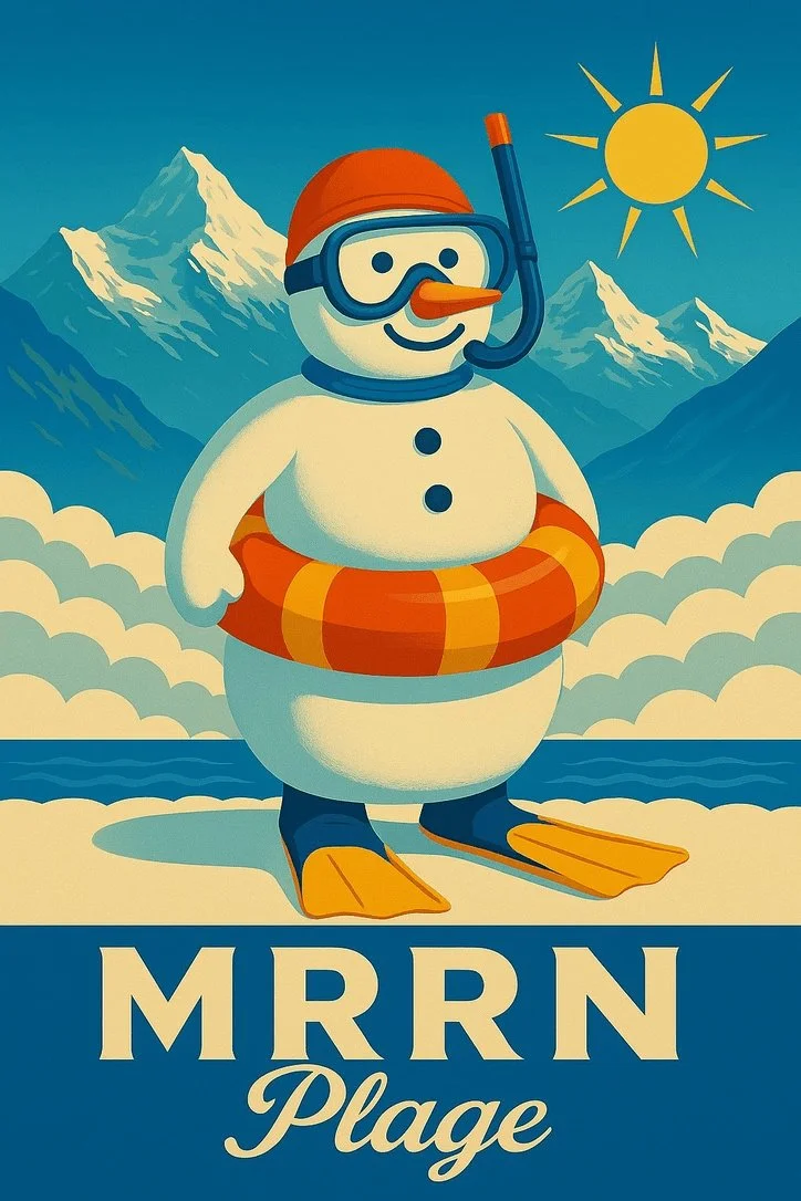 MRRN Plage Schneemann von Daniel Frei: Schneemann mit Taucherbrille, Schnorchel, Schwimmring und Flossen am Wasser vor Alpengipfeln und Sonne.