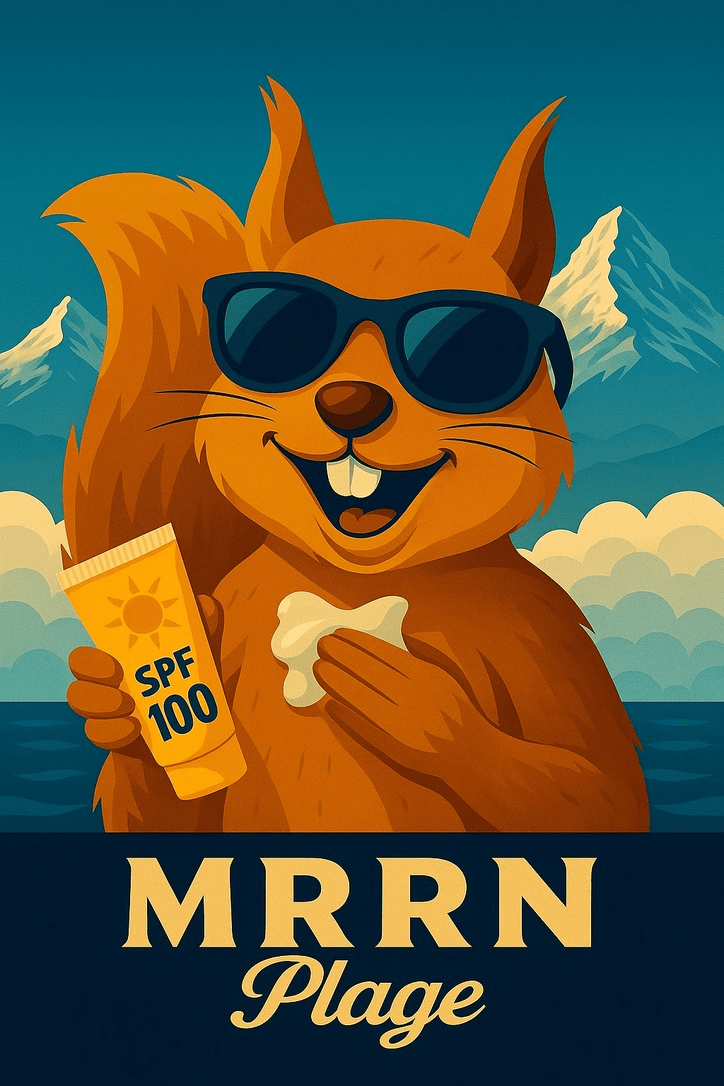 MRRN Plage Annex von Daniel Frei: Ein orangefarbenes Eichhörnchen mit Sonnenbrille hält eine Tube Sonnencreme vor schneebedeckten Bergen und Wolken.
