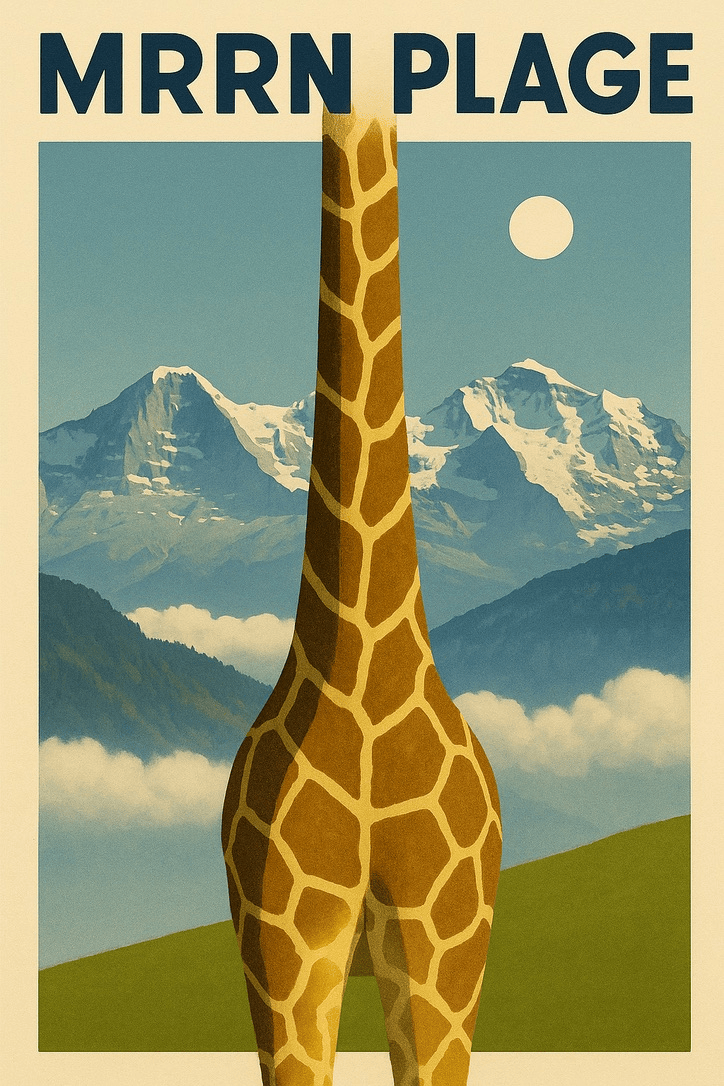 MRRN Plage von Daniel Frei: Der lange gemusterte Hals und der Körper einer Giraffe vor Bergen und hellem Mond; der Kopf liegt ausserhalb des Bildes.
