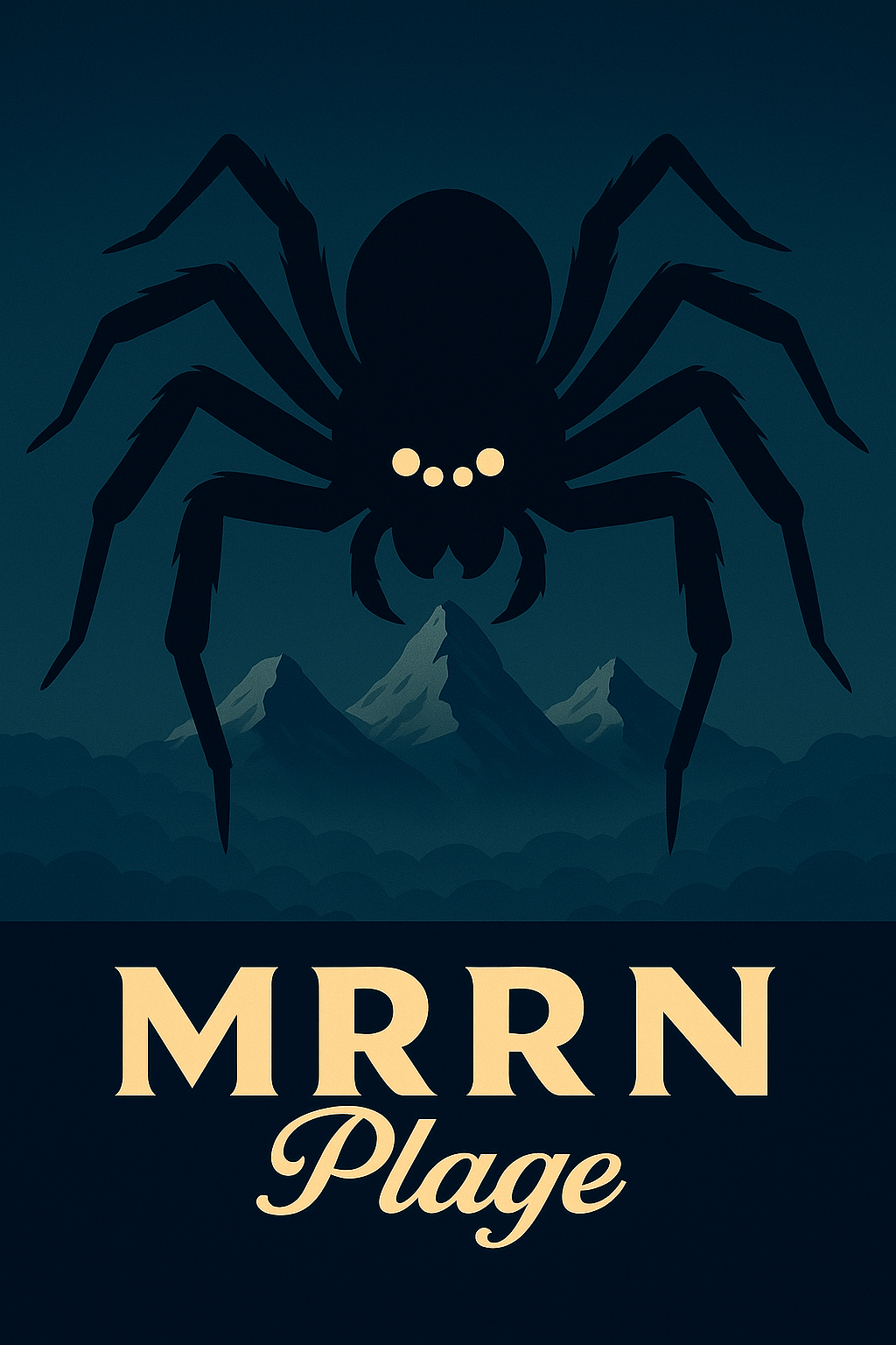 MRRN Plage von Daniel Frei: Eine dunkle Spinne mit acht Beinen und vier goldenen Augen vor nächtlichen blauen Bergen.
