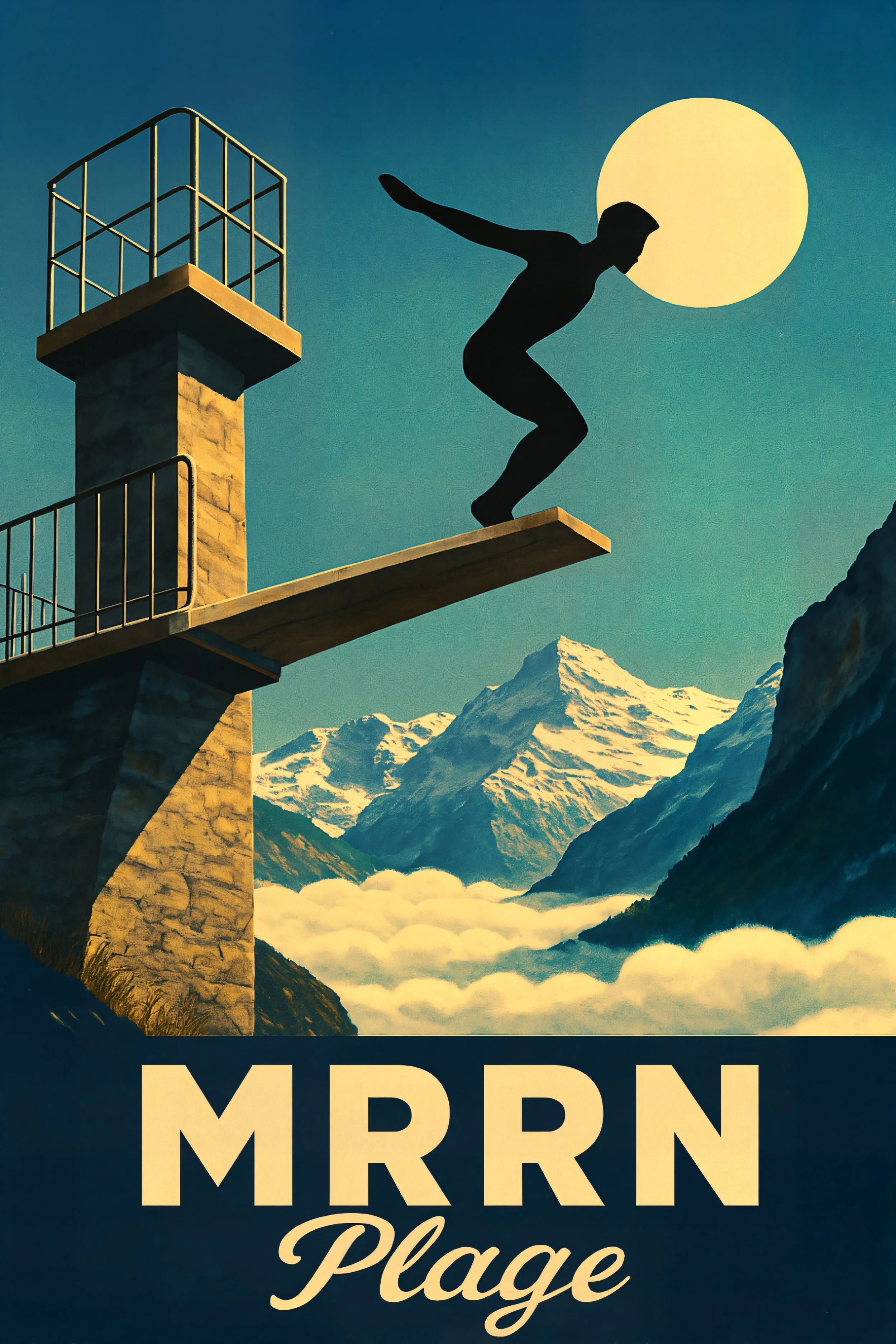 MRRN Plage Springer von Daniel Frei: dunkle Silhouette auf einem Sprungbrett über Wolken und Alpengipfeln, vor einer gelben Sonne.